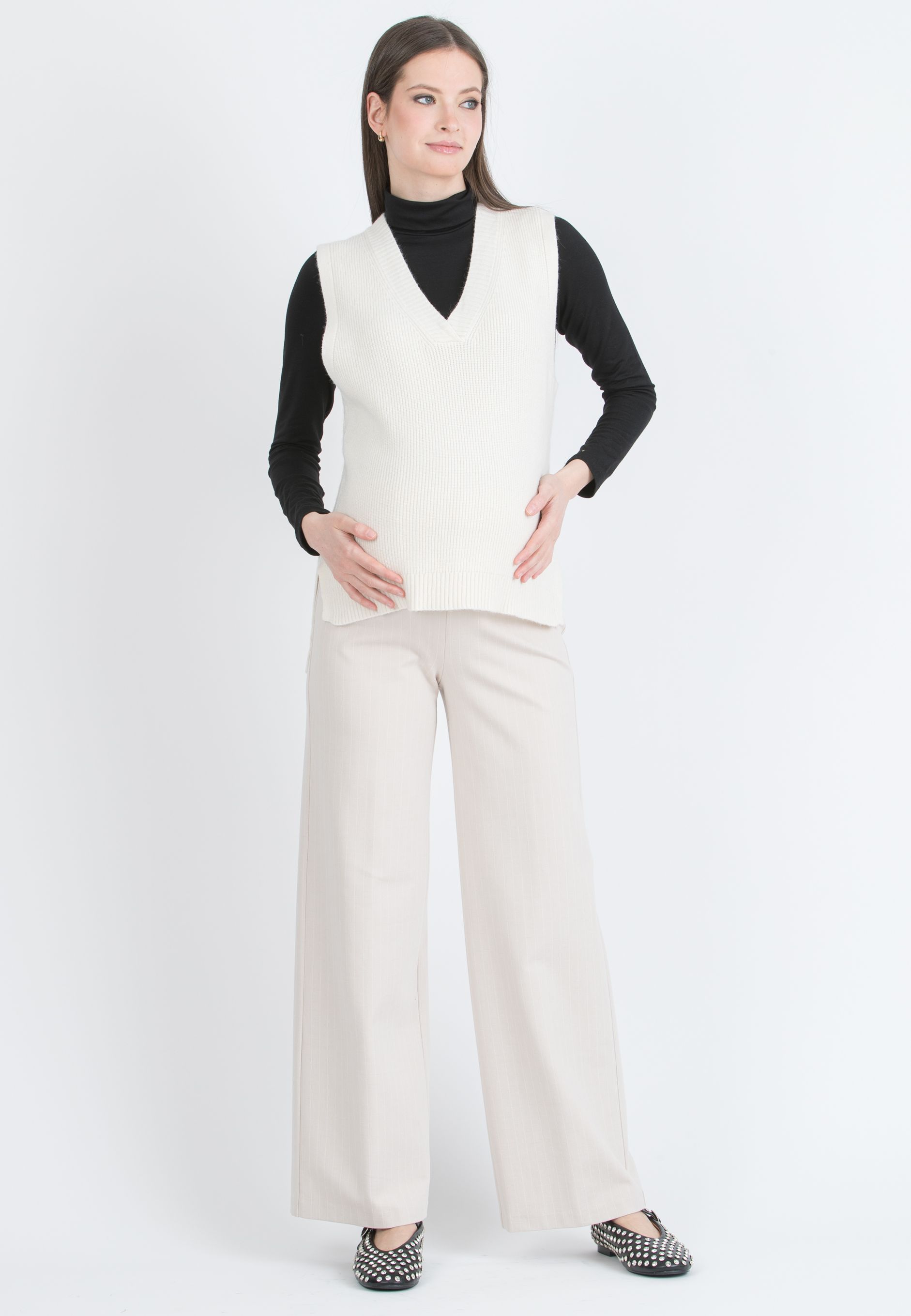 KIMBERLY G - Pantalone Premaman Palazzo in Punto Milano Invernale Gessato (Avorio, XS)