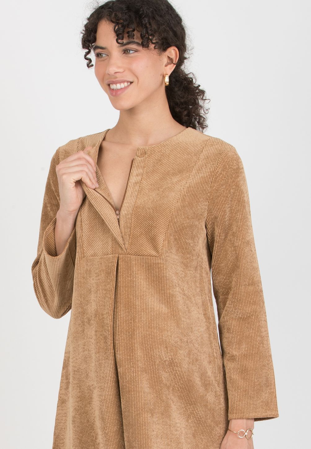JADE - Abito Premaman & Allattamento in Velluto a Coste con Davantino (Beige)