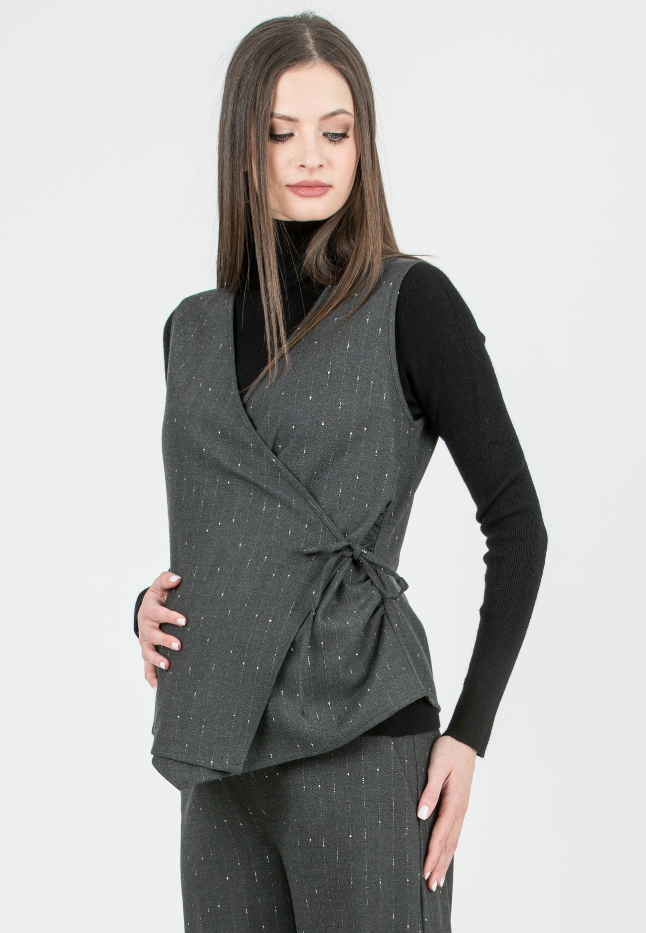 MADDOX - Gilet Premaman Incrociato in Gessato con Lurex (Grigio Melange)