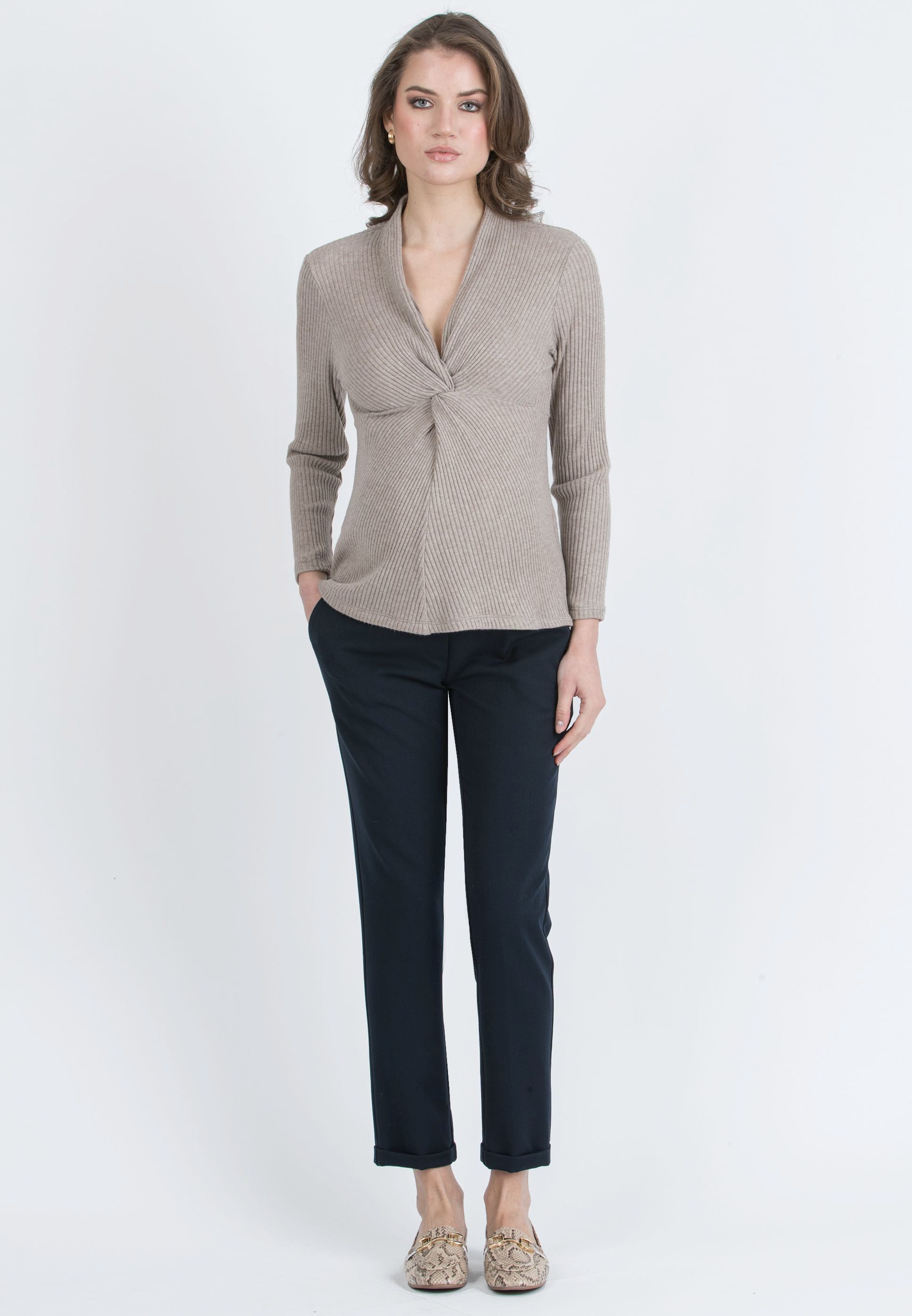 ISSA M – Maternity & Nursing Ribbed Knit Top with Knot Detail (Melange Brown, XS)