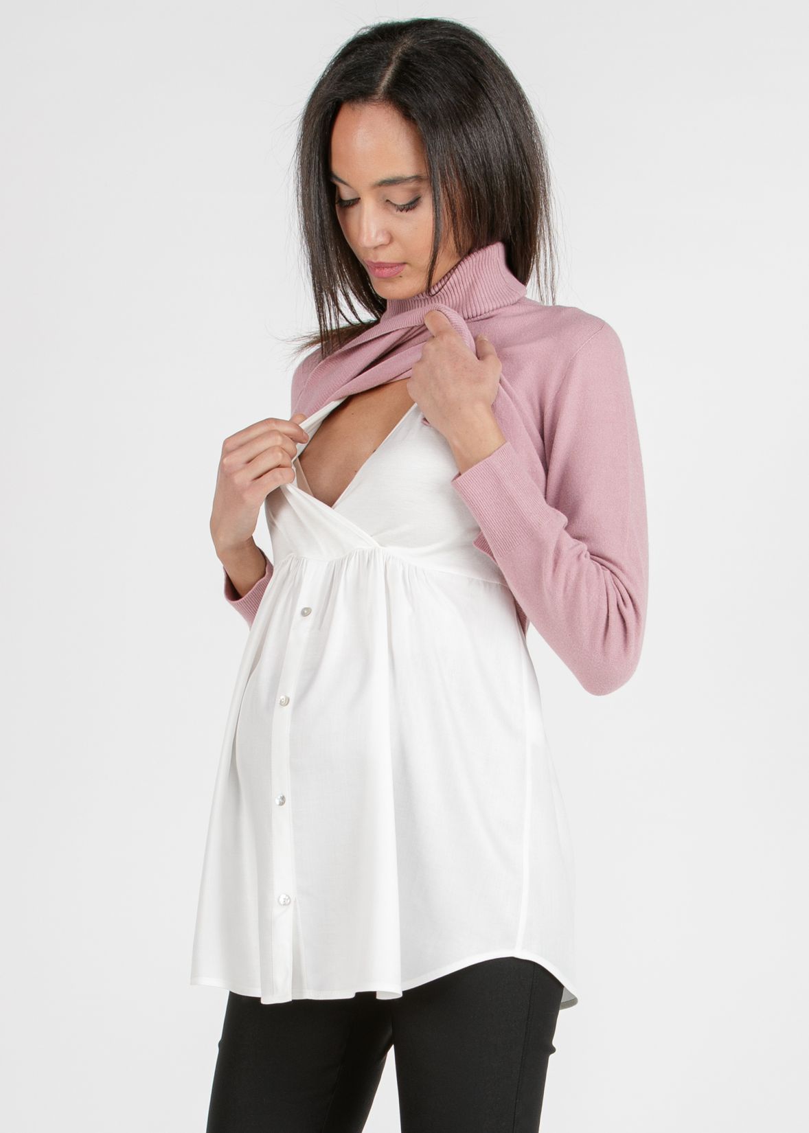 MARIANNA - Maglioncino Premaman & Allattamento con Top in Viscosa Abbinato (Rosa Confetto, XS)