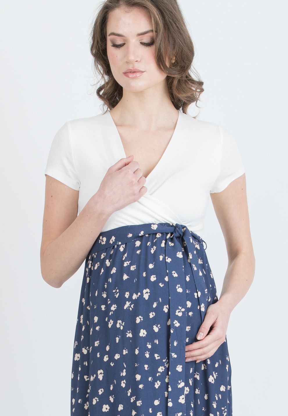 FEDERICA - Abito Midi Premaman con Scollo Incrociato e Gonna a Portafoglio in Viscosa (Blu, XS)