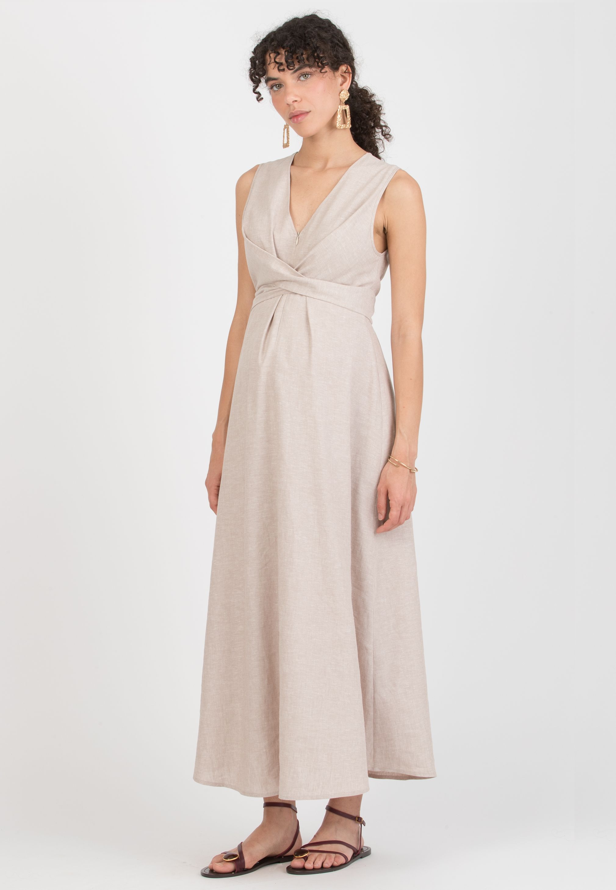 ANNALISA - Abito Premaman & Allattamento in Lino con Fusciacche incrociate (Ecru')