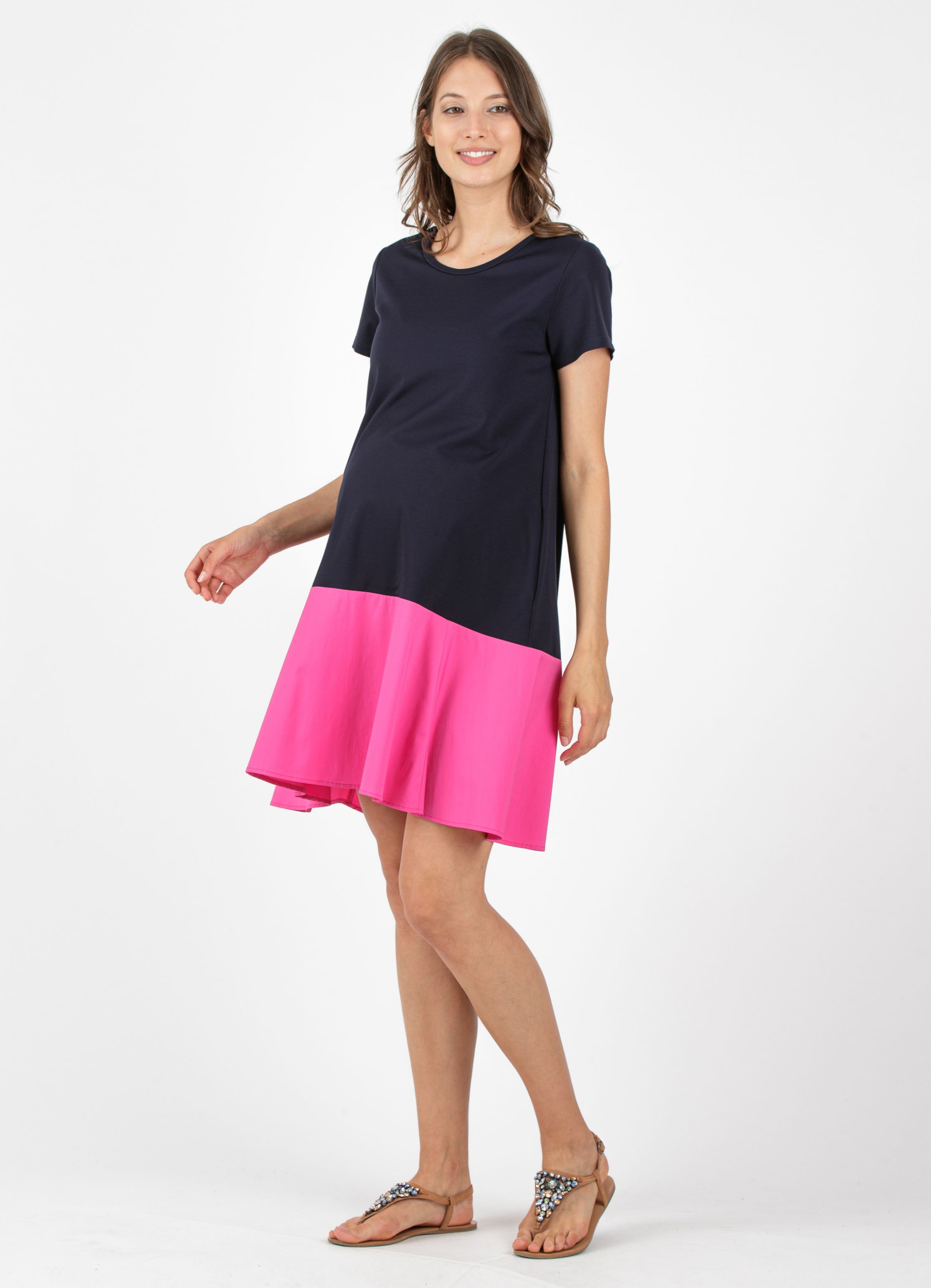 Maternity Dress in Light Punto Milano with Flounce (Blue, XS)