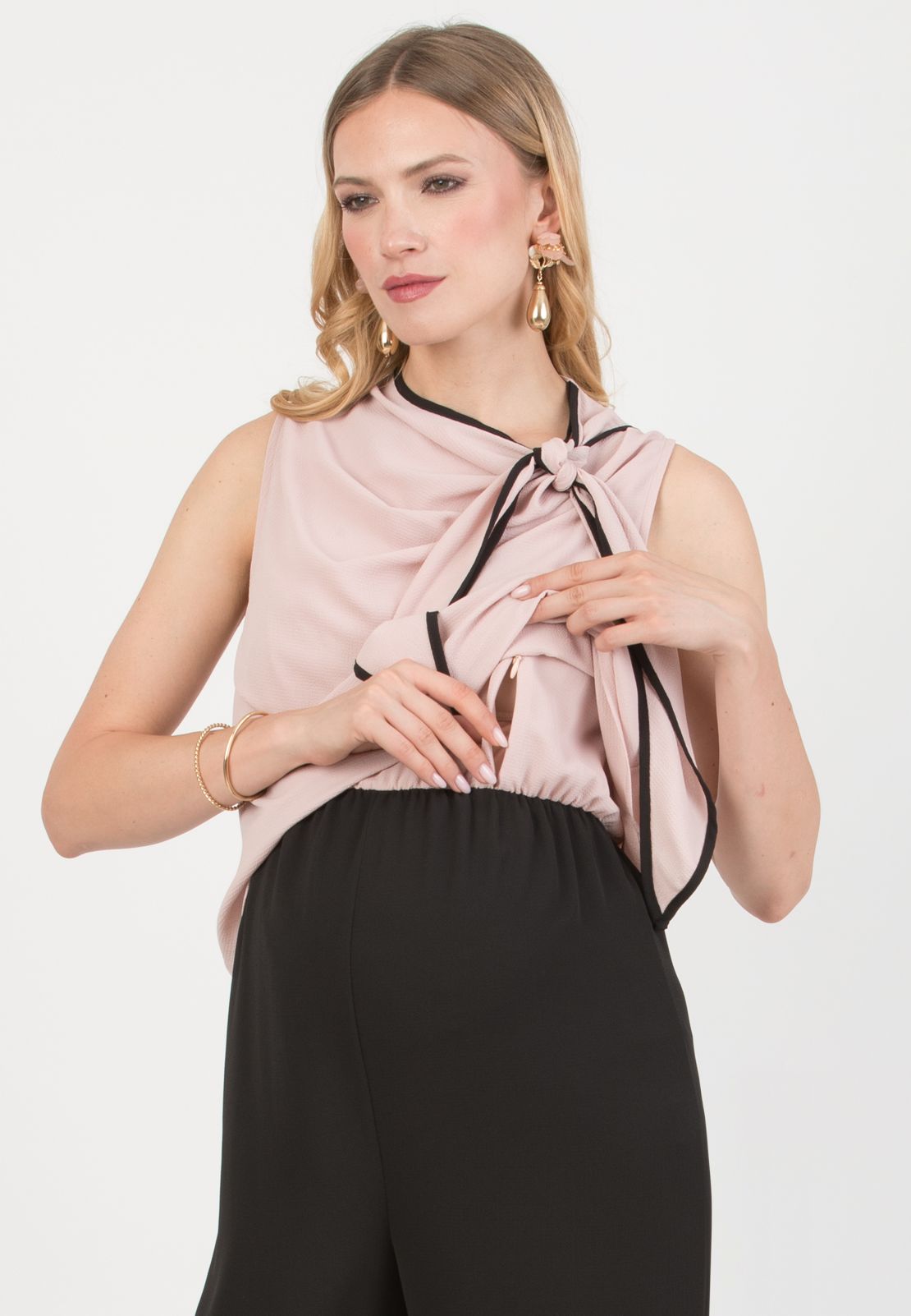 NATASHA – Maternity & Nursing Crepe Jumpsuit with Bow Detail (Cipria)