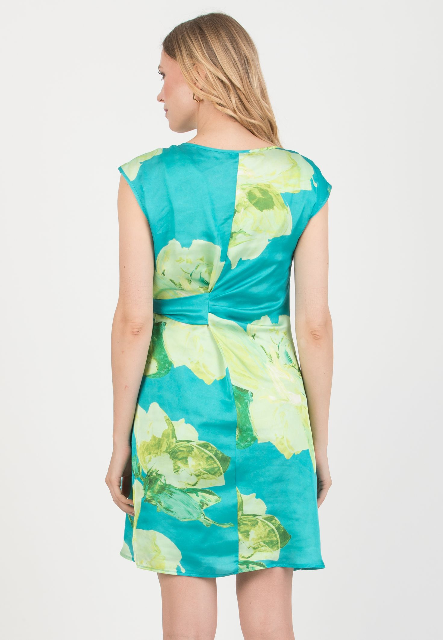 VERONICA - Maternity Satin Floreal Dress with Adjustable Tie (Turquoise, XS)