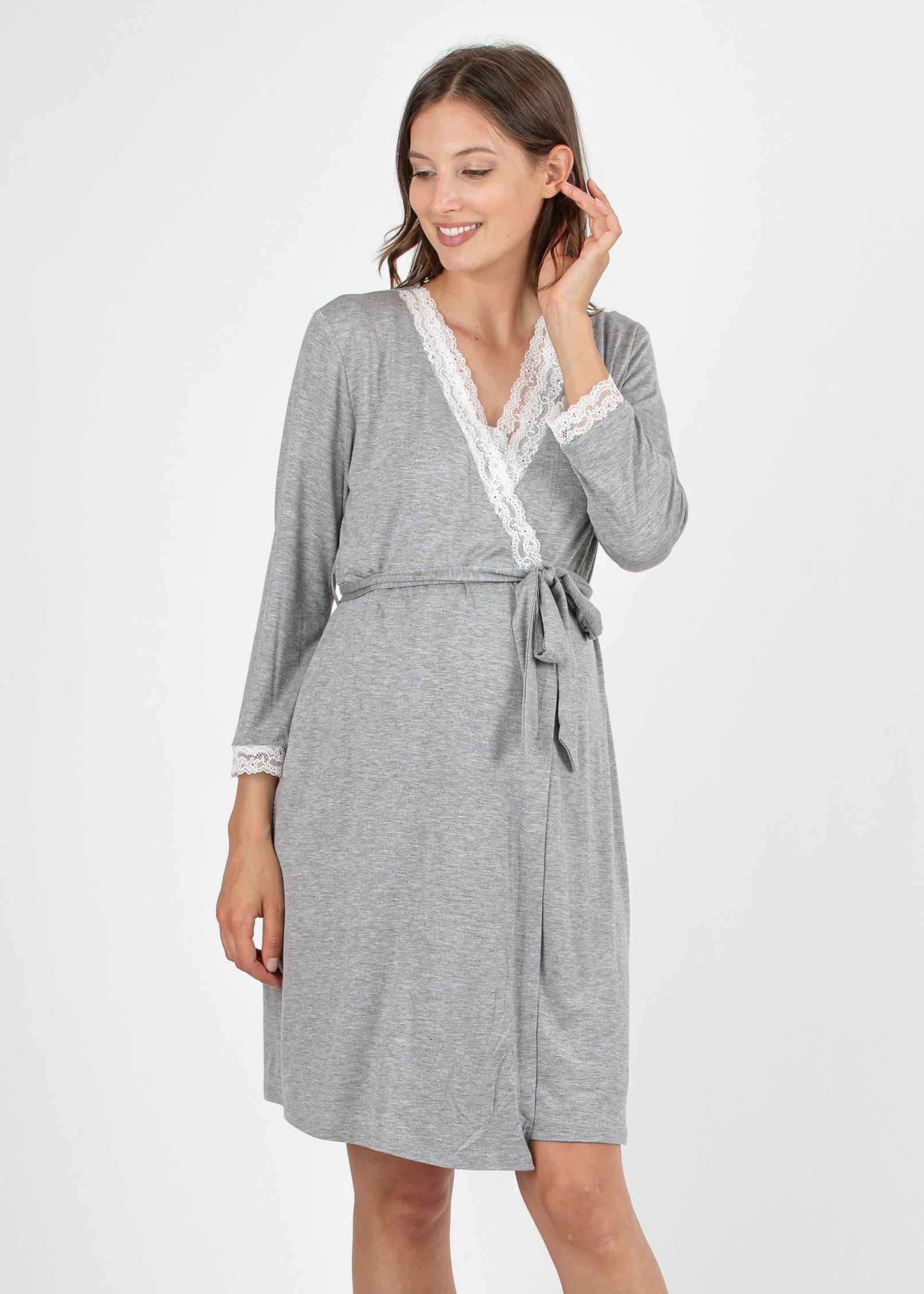 Maternity & Nursing Dressing Gown with Lace Details (Light Grey, S)