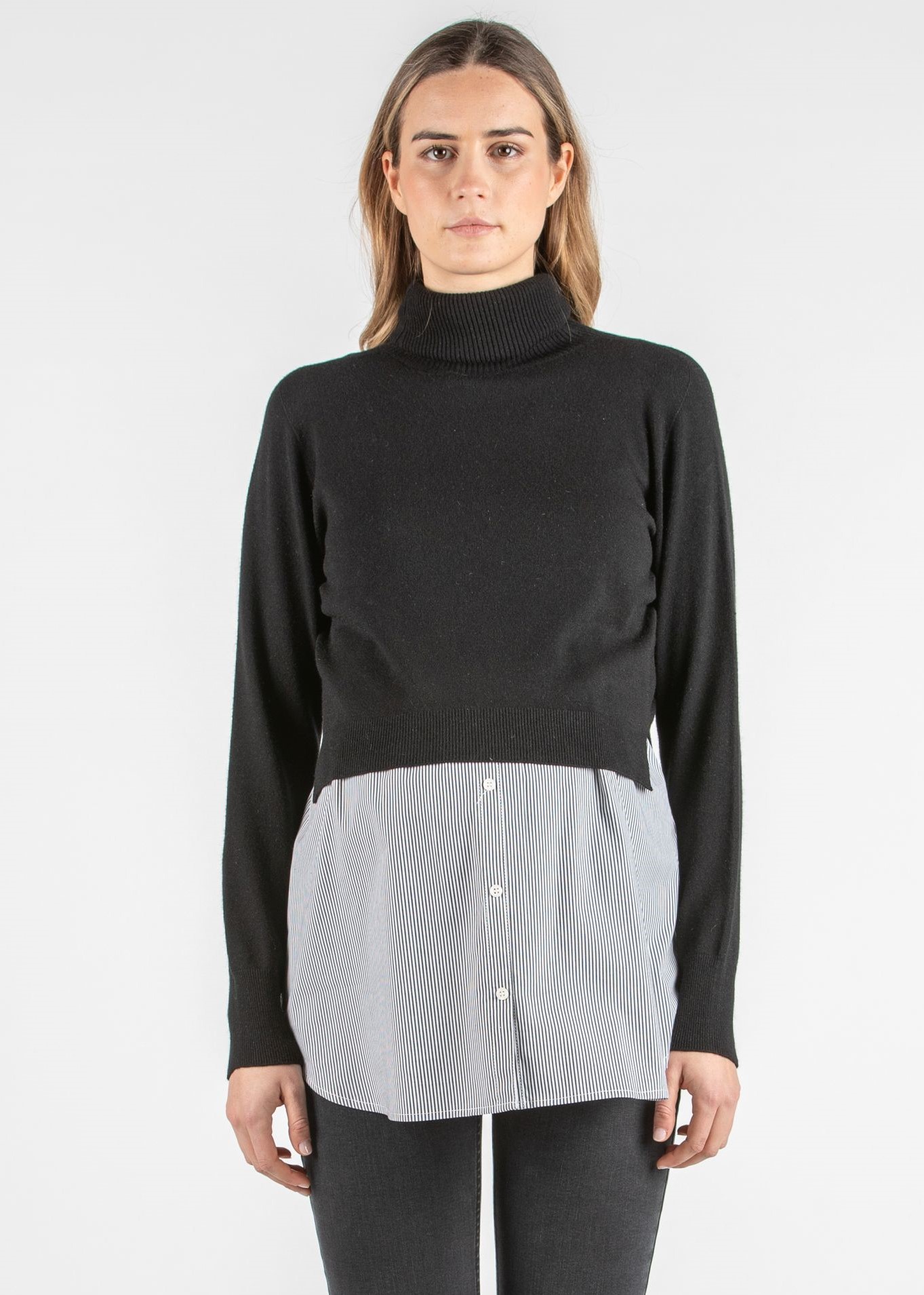GIANNA R - Maglioncino Premaman & Allattamento con Collo Alto e Top a Righe Abbinato (Nero, XS)