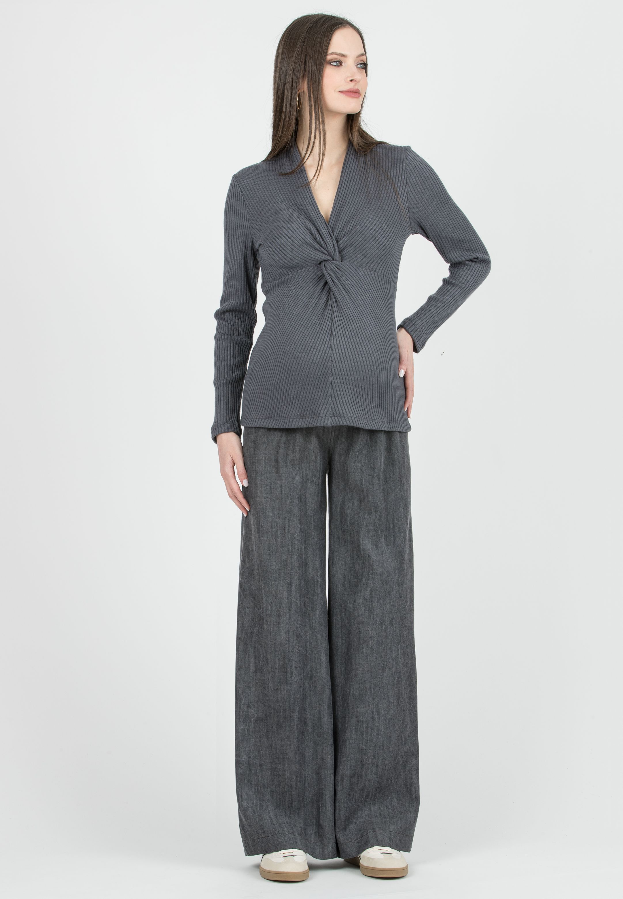 GUENDALINA J - Jeans Premaman a Palazzo con Vita Bassa In Lyocell Denim (Grigio Melange, XS)