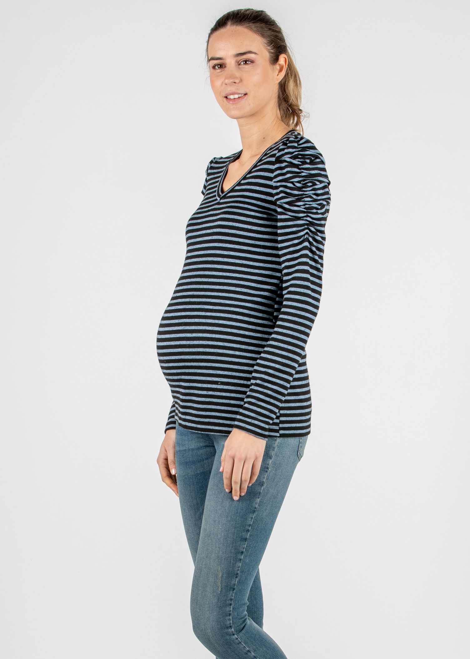 Striped Long Sleeve Maternity Top with Puff Sleeve (Denim , XS)
