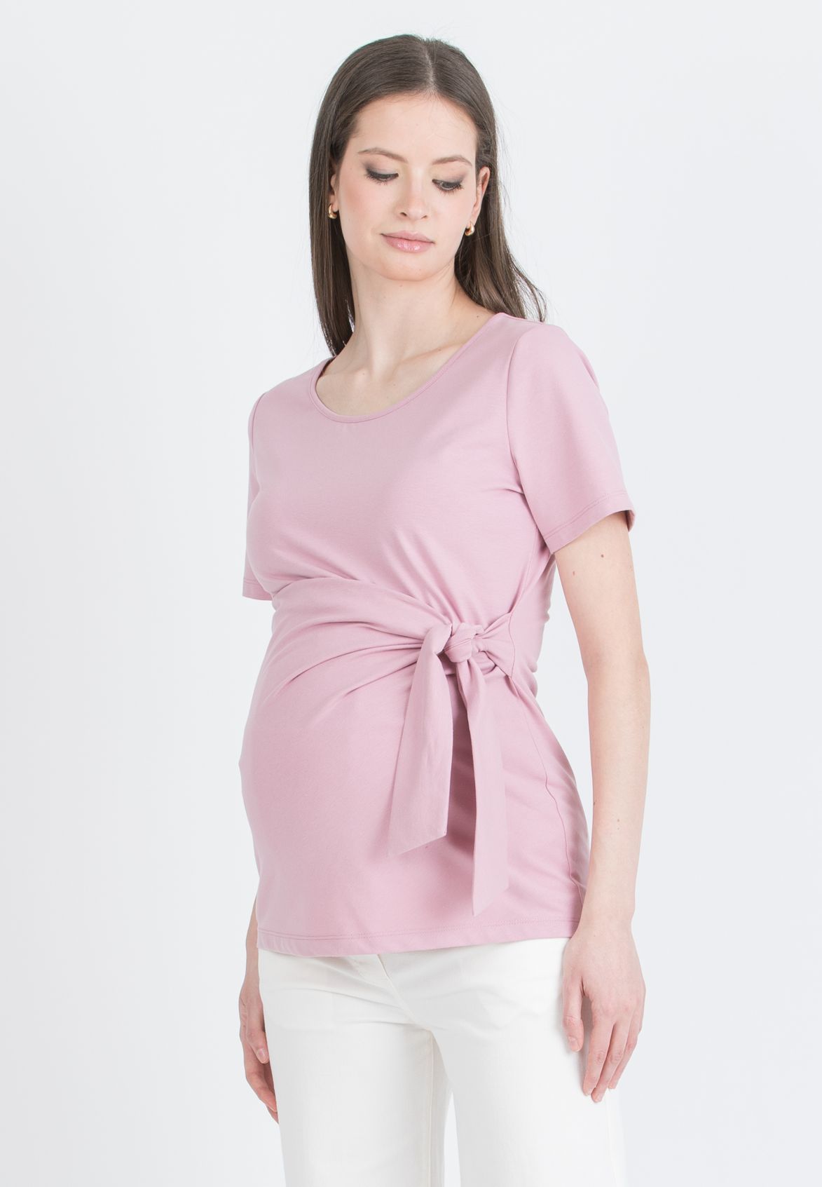 KAREN M - Maternity Cotton Jersey T-Shirt with Side Knot (Pink, XS)
