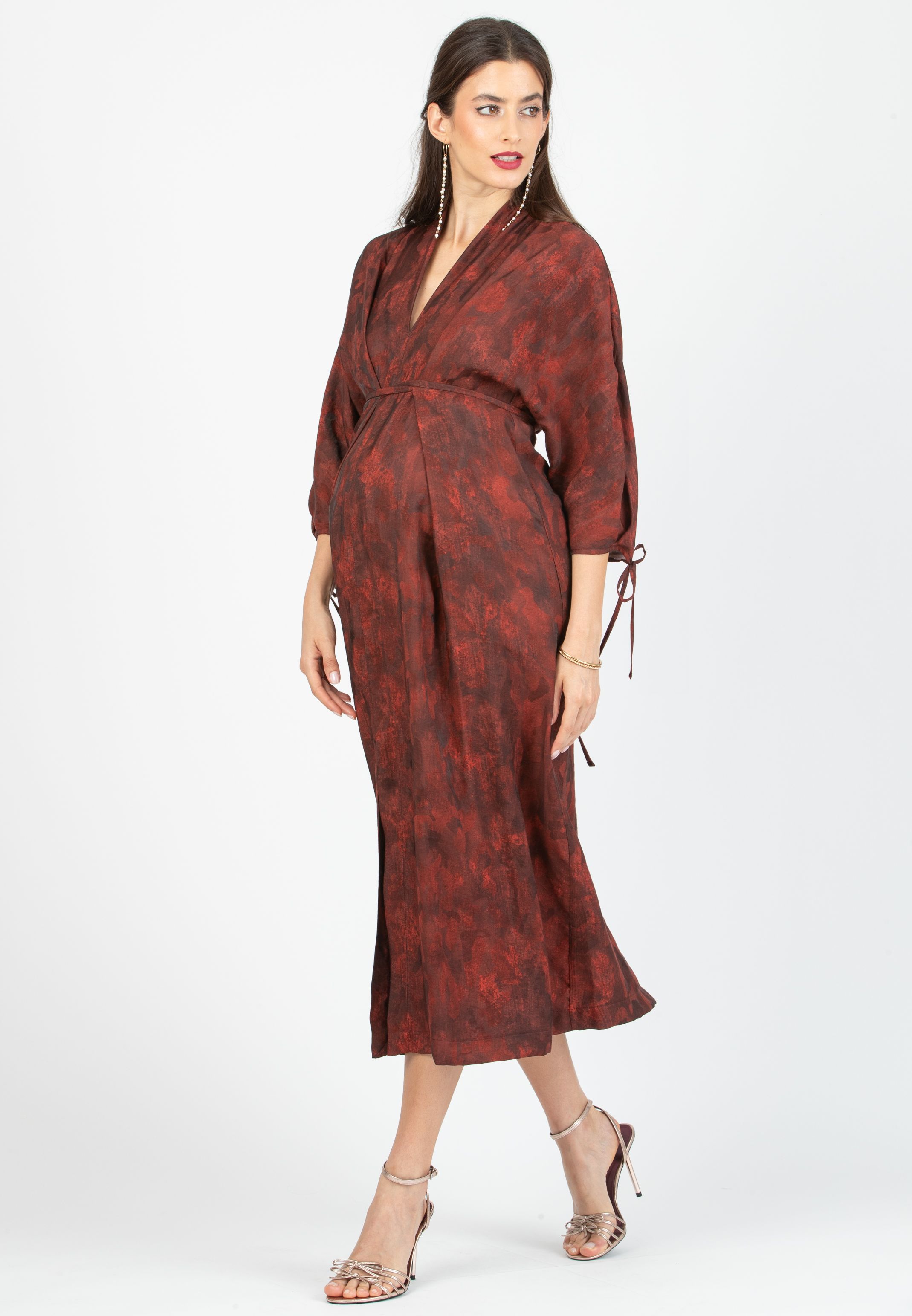 VIOLA - Maternity Kimono Dress in Viscose with Ties (Rosso India)