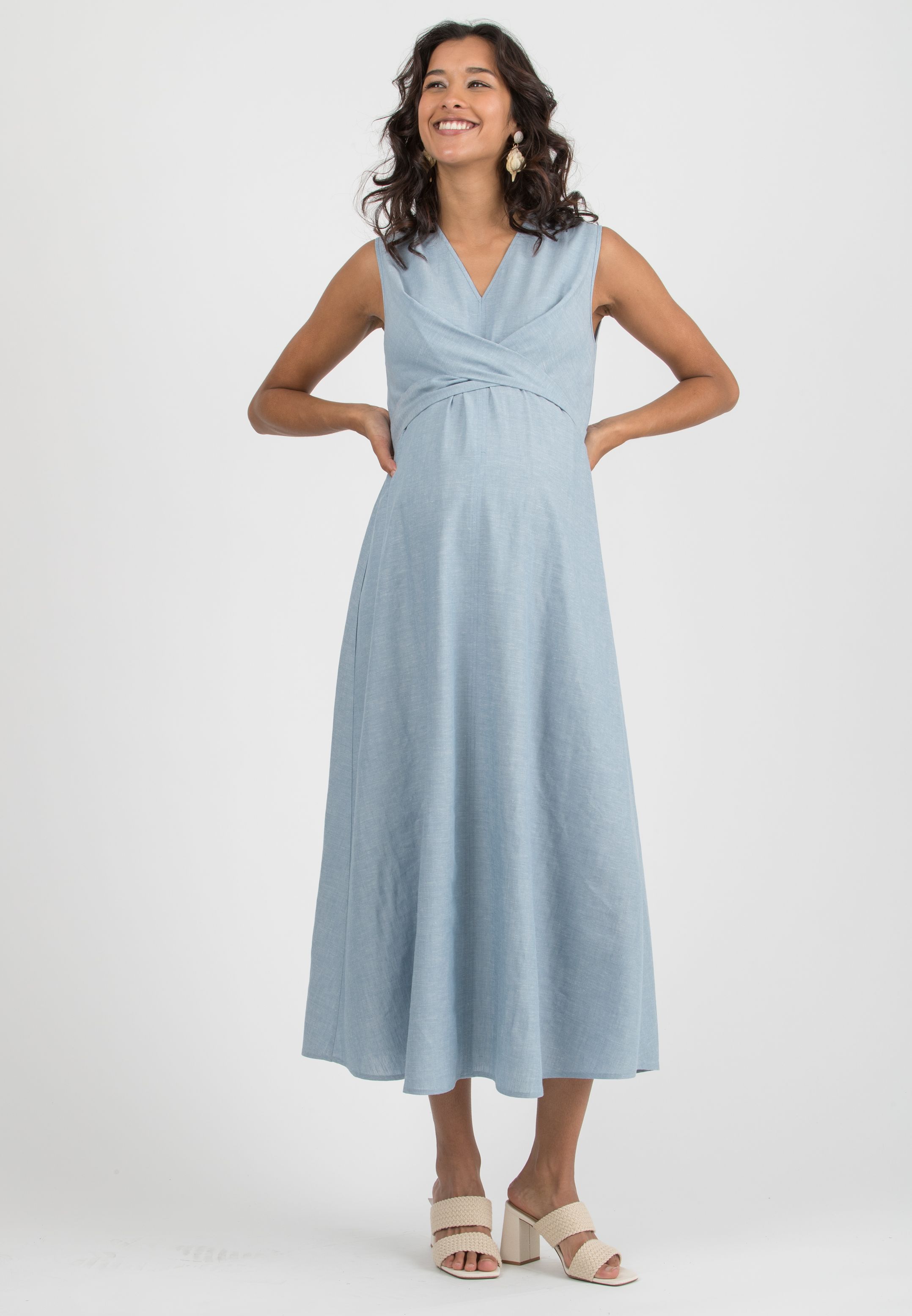 ANNALISA - Abito Premaman & Allattamento in Lino con Fusciacche incrociate (Azzurro)