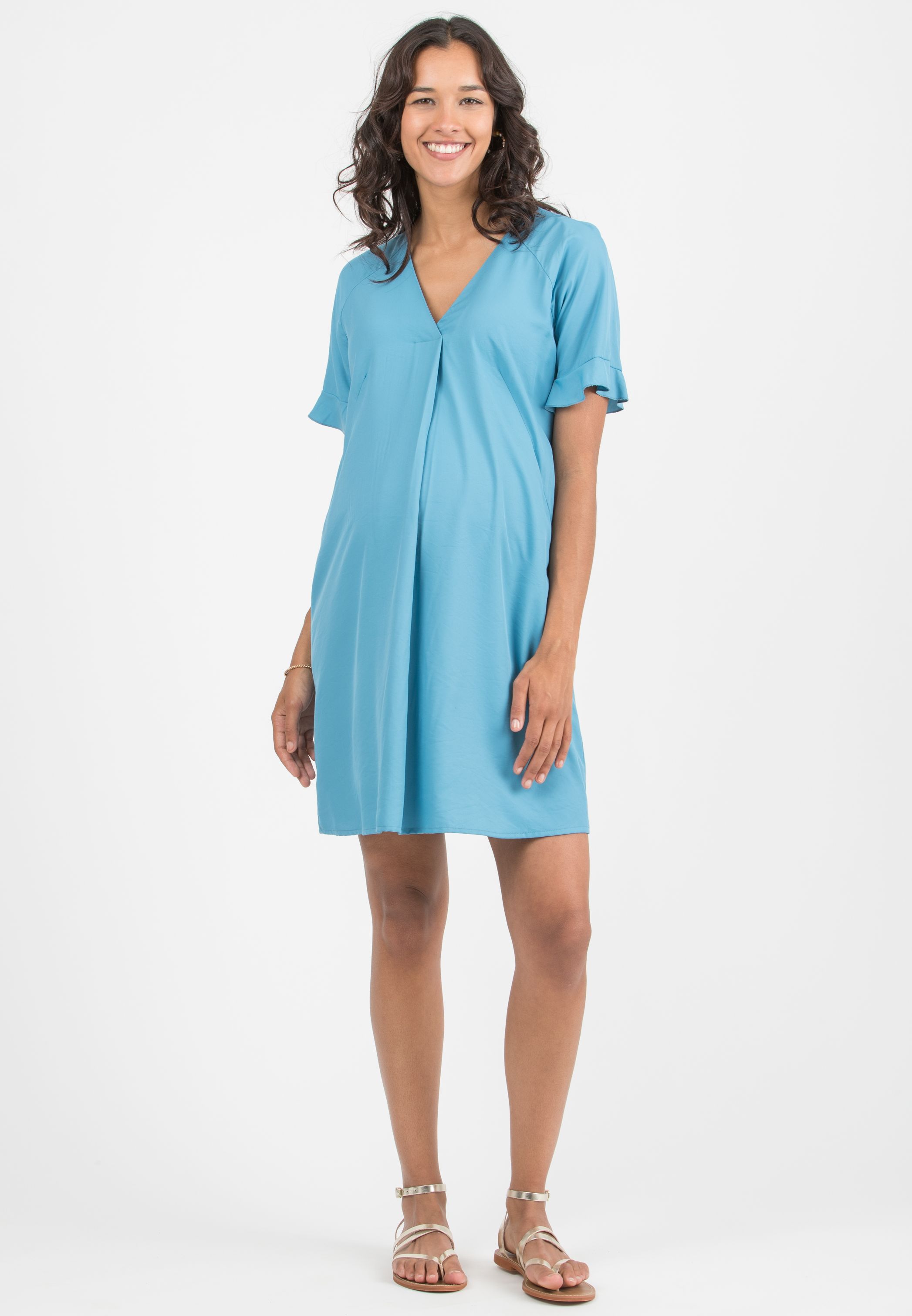 YUMI - Maternity Dress with Central Pleat (Blue, XS)