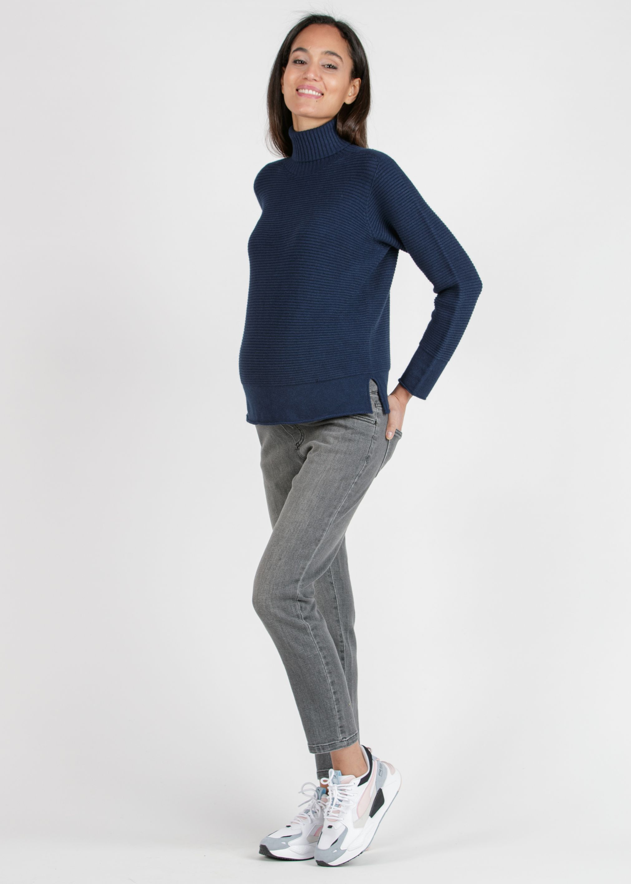 MARIANNA - Maglioncino Premaman in Filato Misto Viscosa-Lana con Collo Alto (Blu, XS)