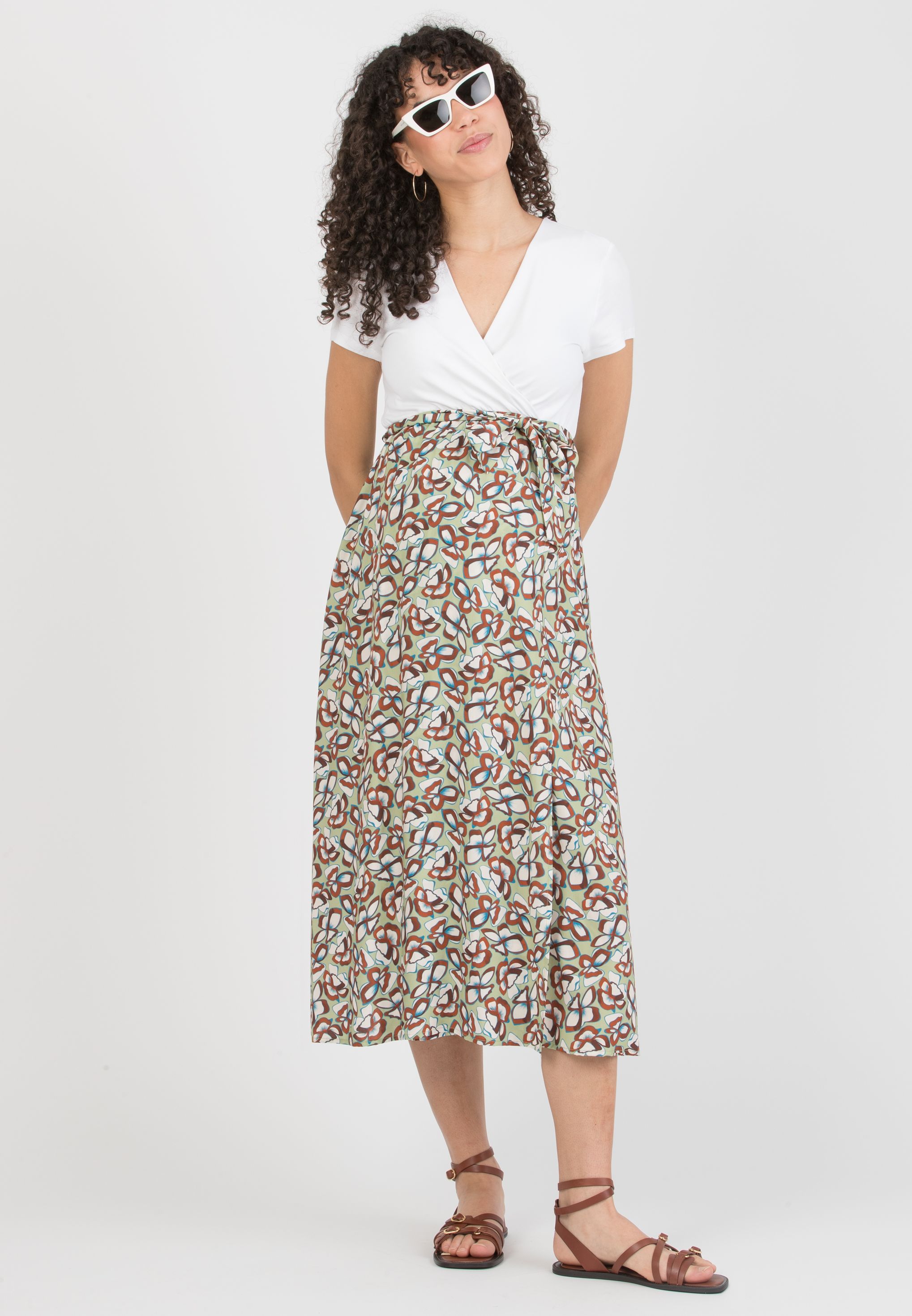 FEDERICA - Maternity Midi Dress with Crossed Neckline and Viscose Wrapped Skirt (Verde Pistacchio)