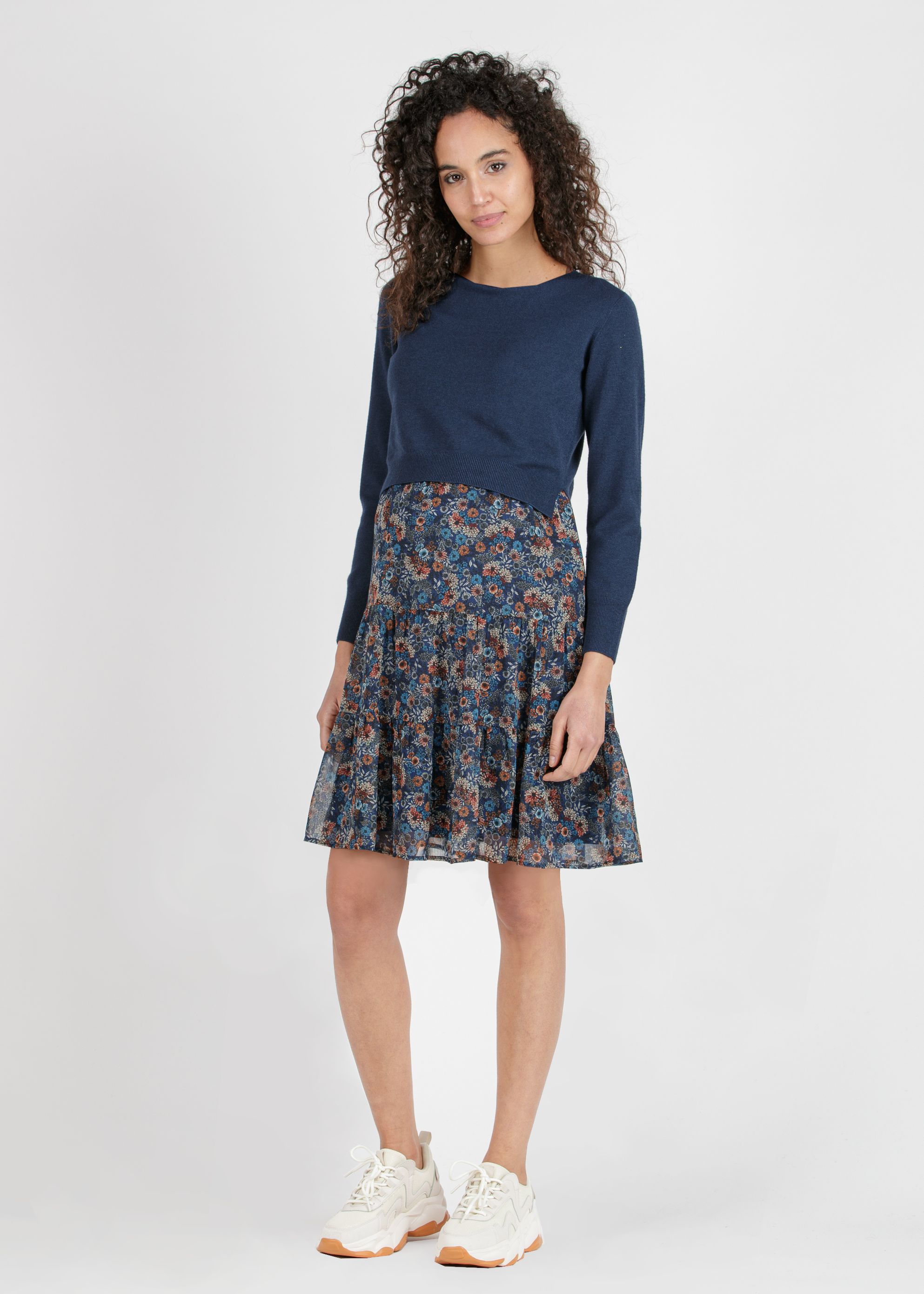 KELLY B - Floral Printed Maternity & Nursing Dress with Coordinated Boat Neck Sweater (Blu)