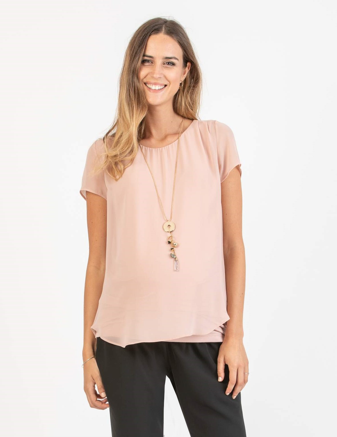 LAURA - Maglietta Premaman a Doppio Strato di Chiffon e Jersey (Rosa Confetto, XS)