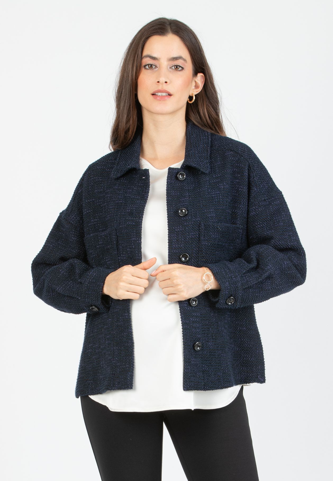 NINA - Giacca/Camicia Premaman in Bouclè (Blu, XXS)