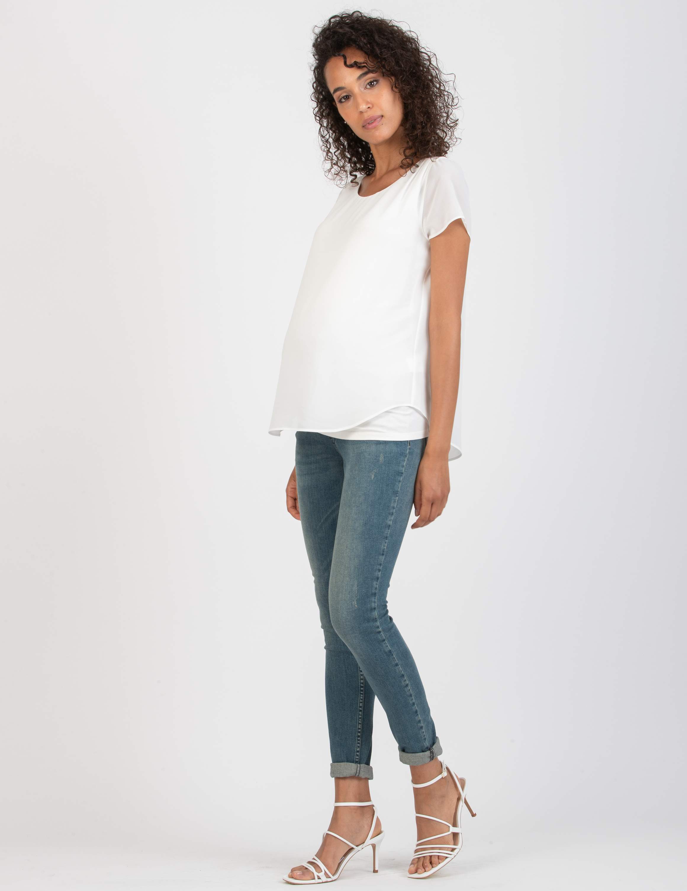LAURA - Maglietta Premaman a Doppio Strato di Chiffon e Jersey (Avorio, XS)