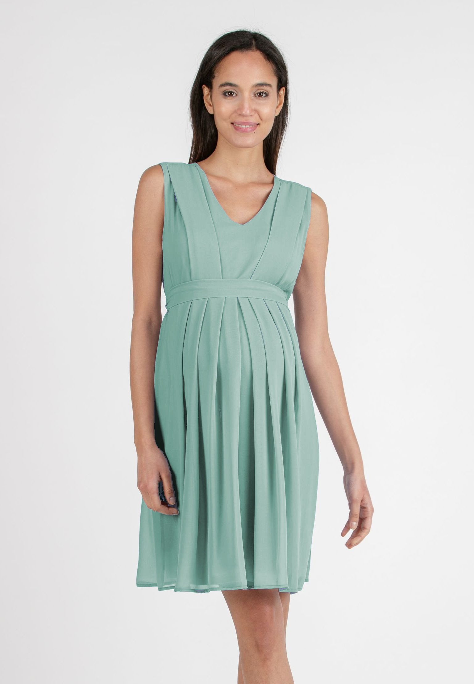 SABRINA - Maternity & Nursing Dress in Chiffon with Pleated Bodice (Light Green, XS)