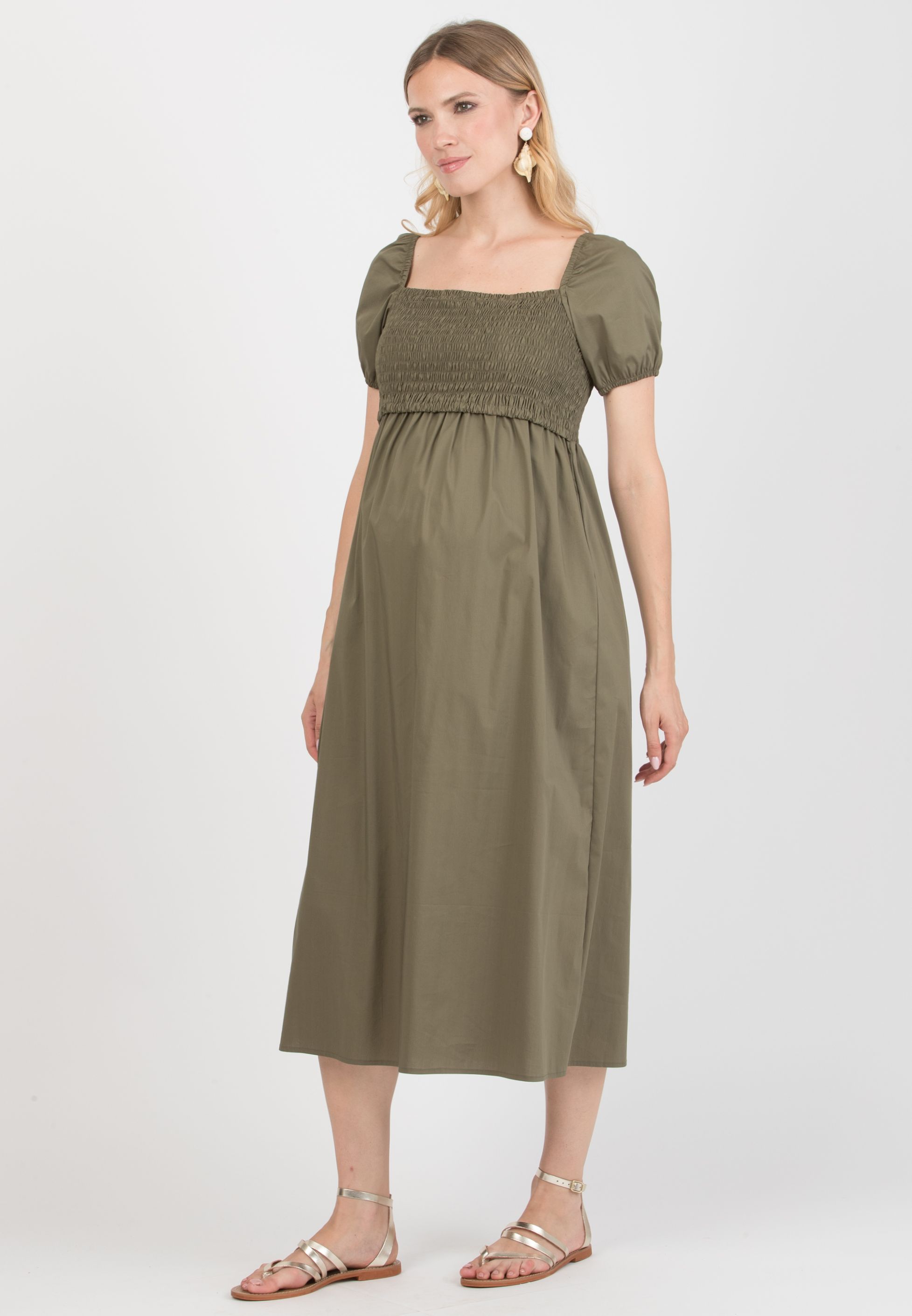 Abito Premaman & Allattamento in Cotone con Corpetto Arricciato (Verde Militare, XS)