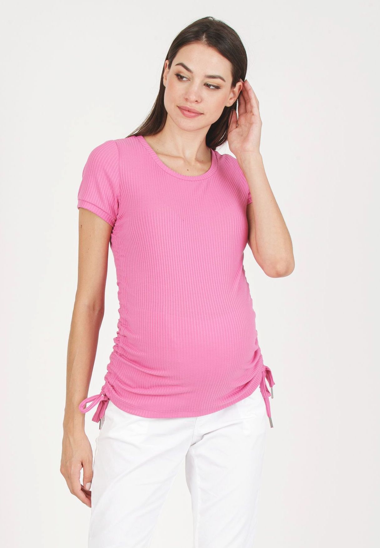 GIULIA M - Maglietta Premaman in Costina con Coulisse Laterali (Rosa, XS)
