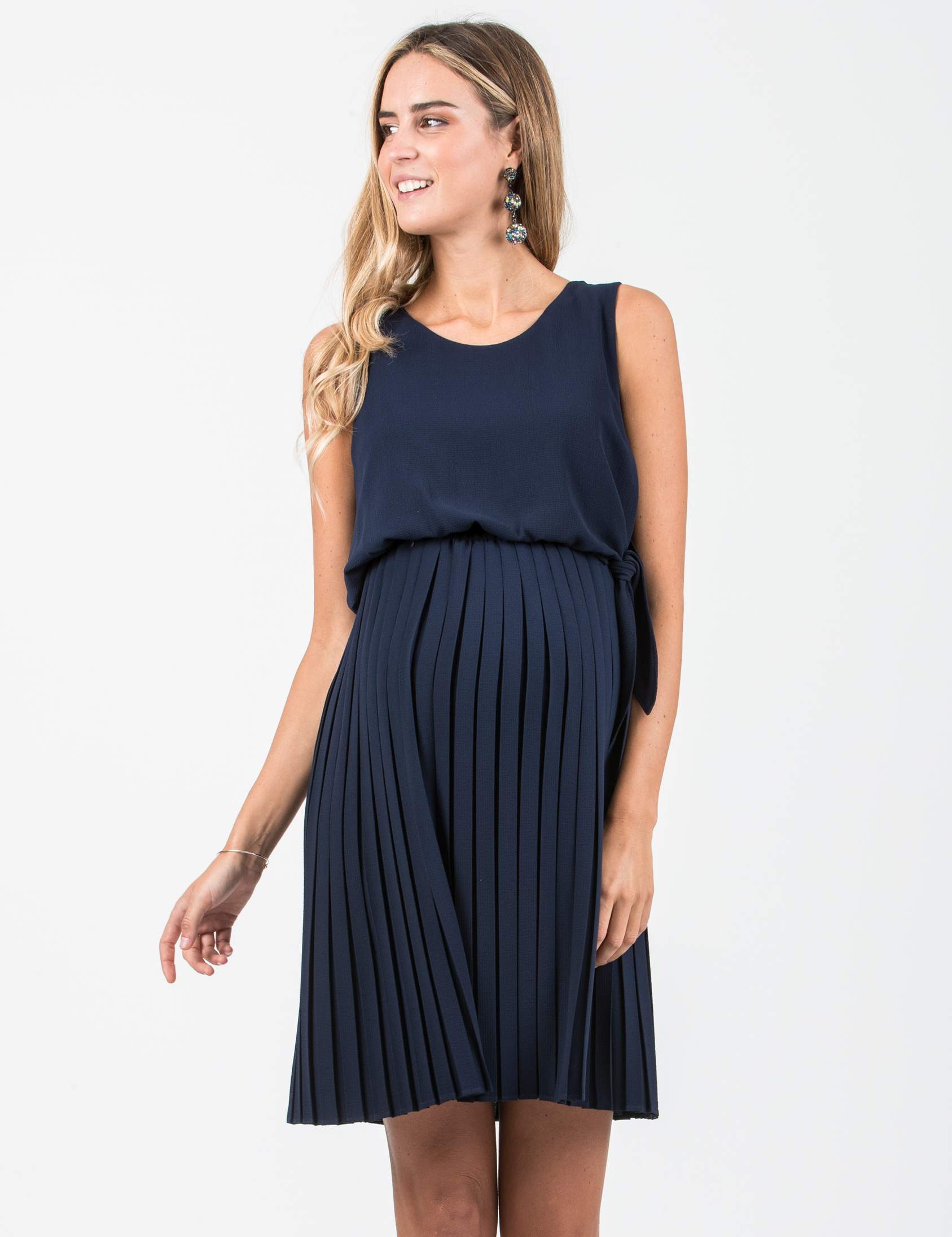 BIANCA - Maternity & Nursing Dress with Pleated Skirt and Buttons at the Back (Midnight Blue, XS)