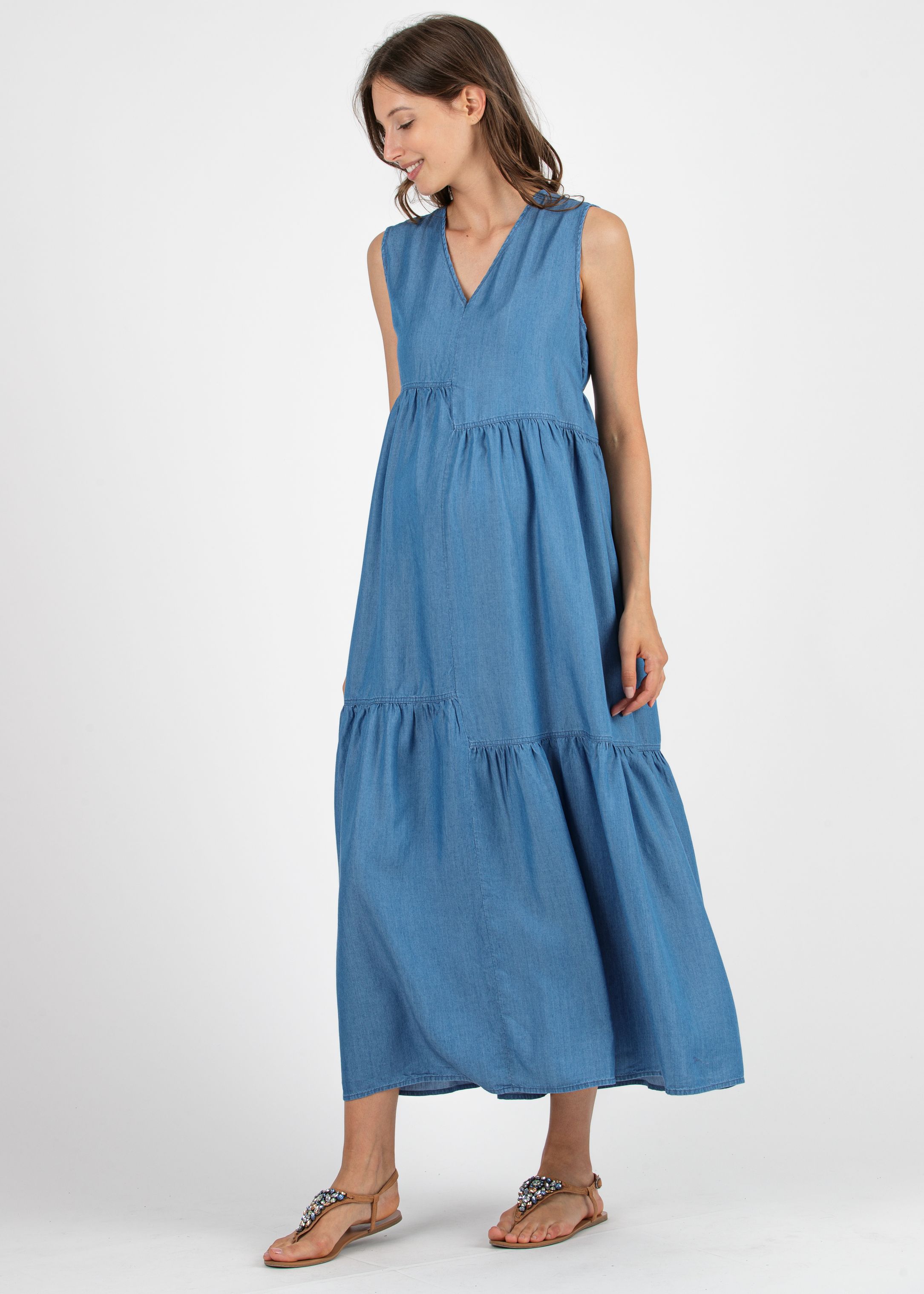 Abito Lungo Premaman in Tencel con Balze (Denim, XS)