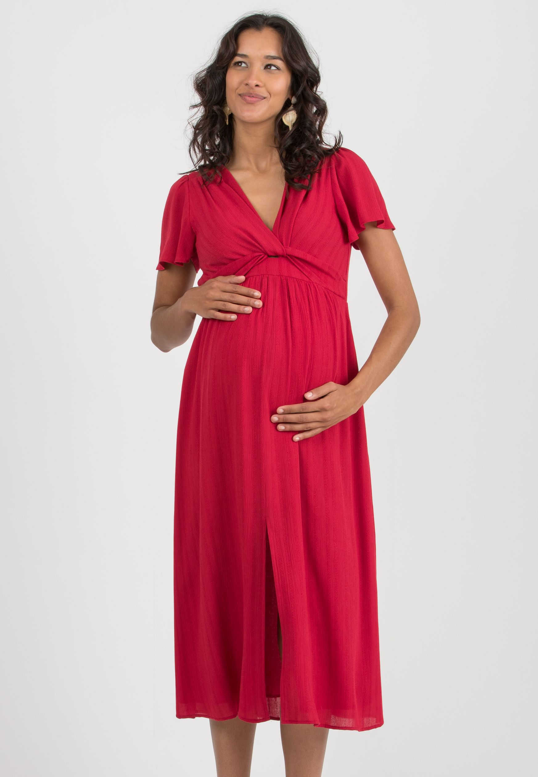 RAYA - Abito Premaman & Allattamento in Leggera Viscosa Ricamata (Rosso, XS)