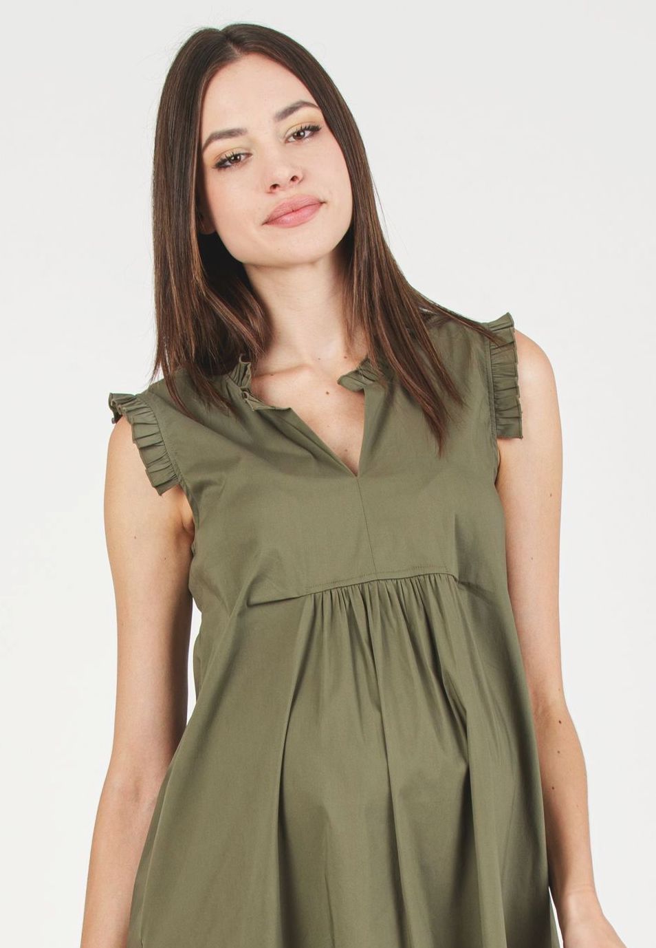 SOFIA - Abito Premaman in Cotone Stretch con Rouches (Verde Militare, XS)