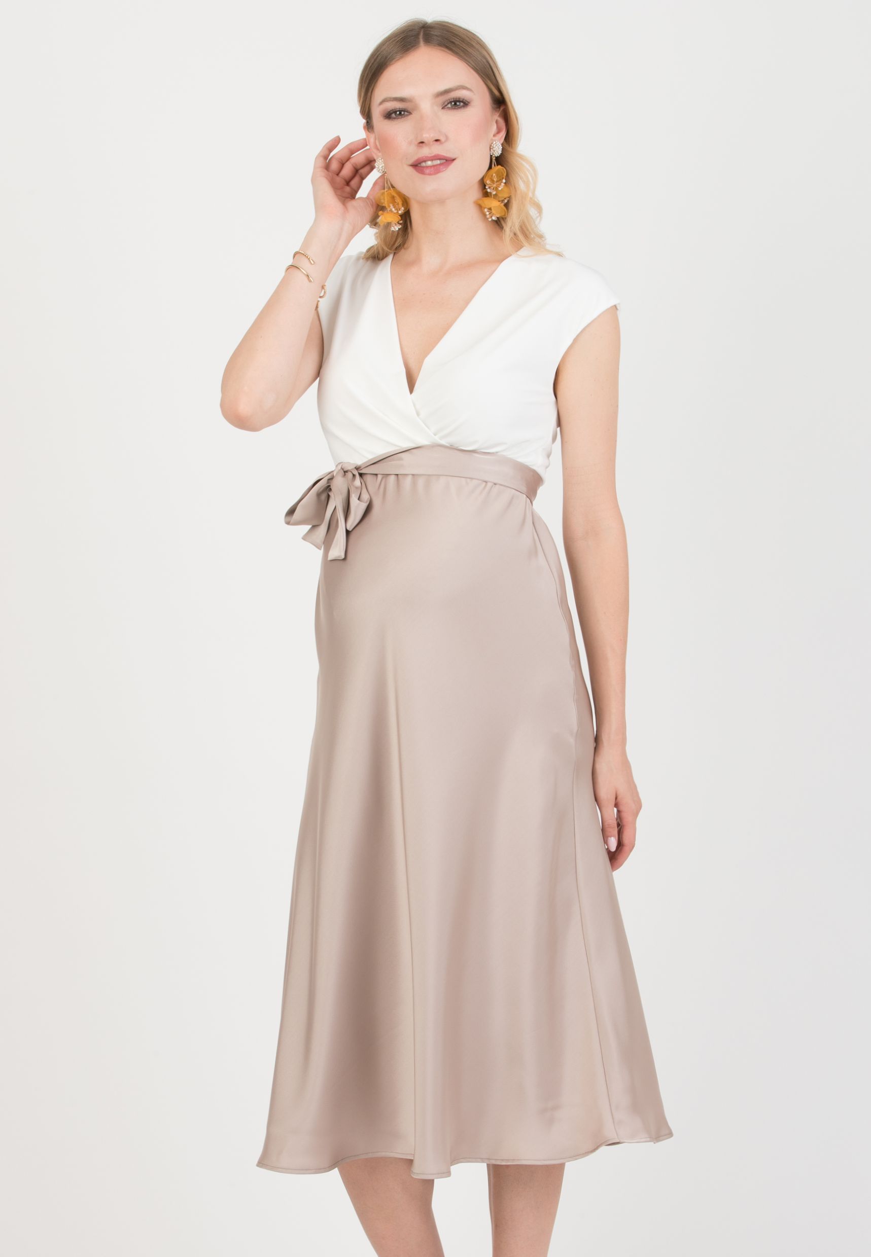 DILETTA – Maternity & Nursing Dress with Crossover Bodice and Satin Skirt (Corda)