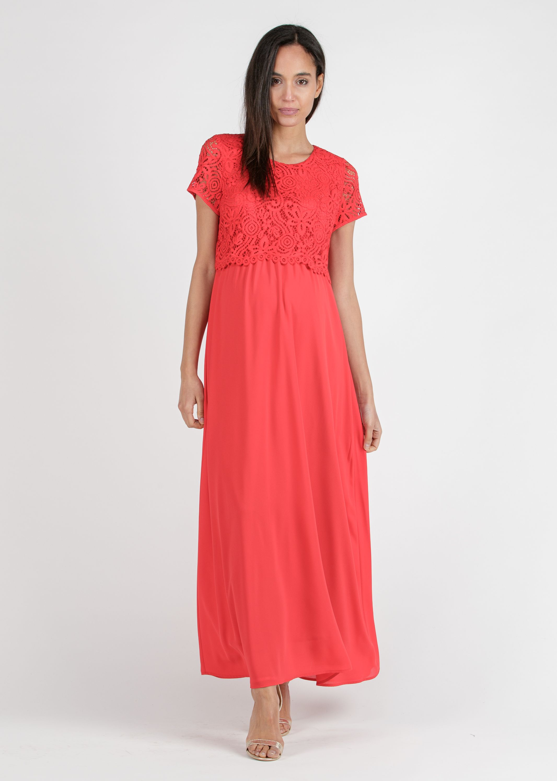 AURORA MAXI - Embroidered Long Maternity & Nursing Dress in Lace (Red, XS)