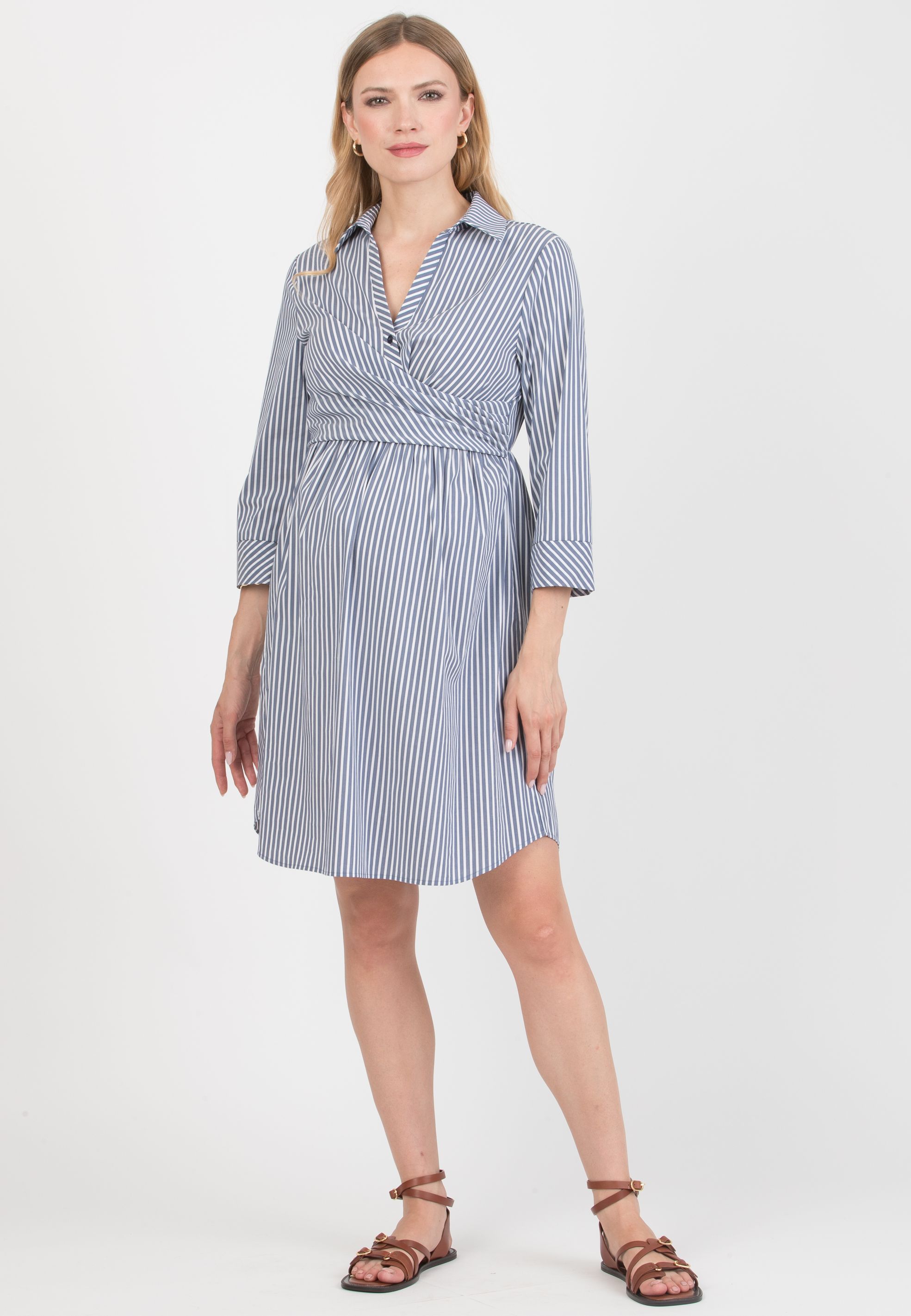 EMANUELA - Maternity & Nursing Striped Cotton Dress with Waistband (Blu)