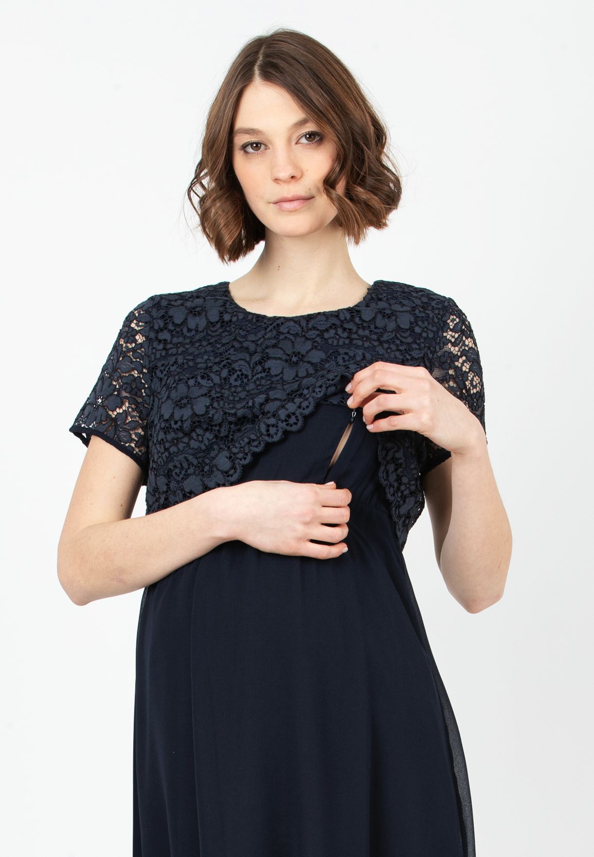 ELEONORA M/M GRS - Maternity & Nursing Dress in Lace and Recycled Chiffon (Blu Scuro)