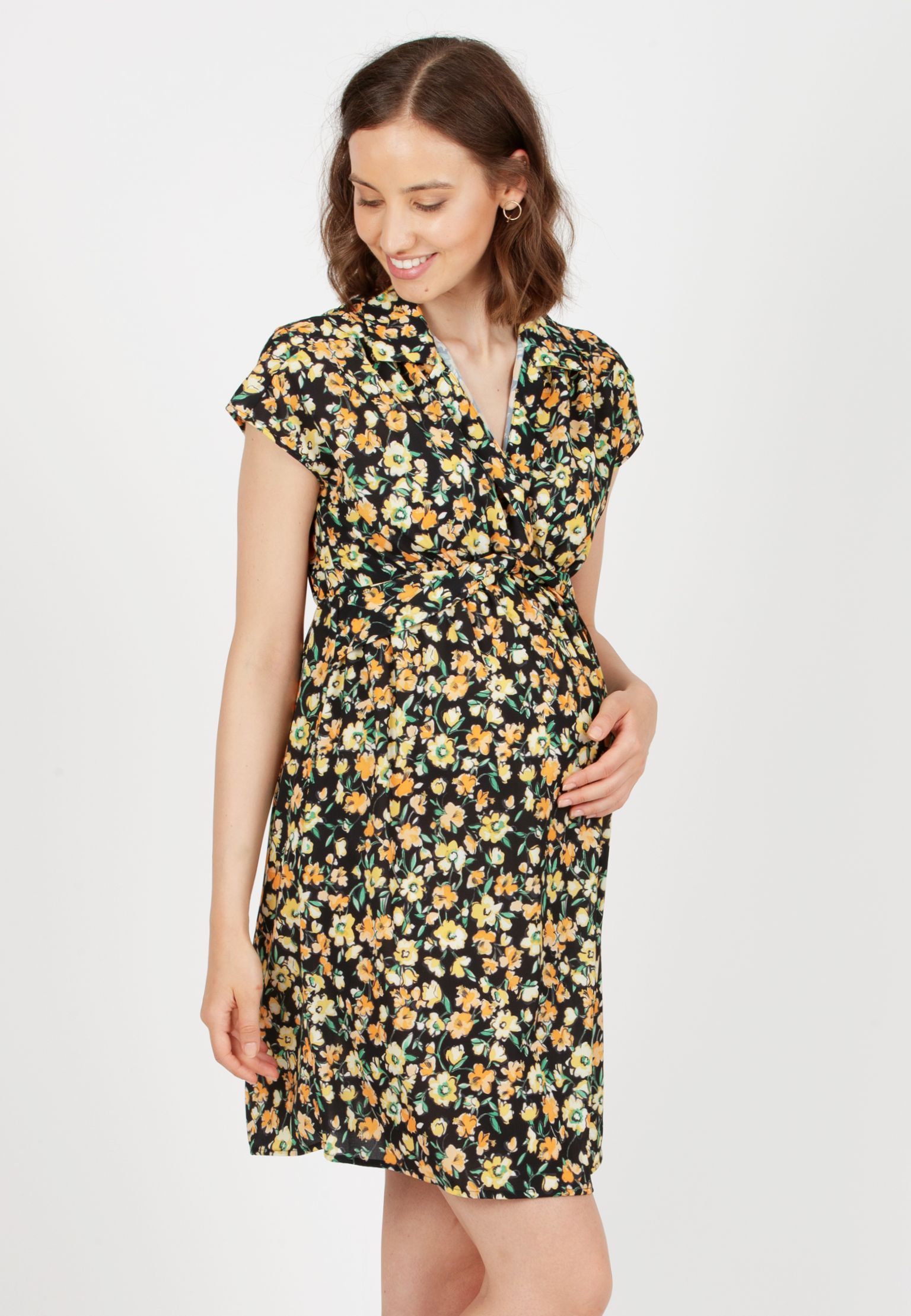 DELIA - Printed Maternity Dress with Collar (Black, XS)