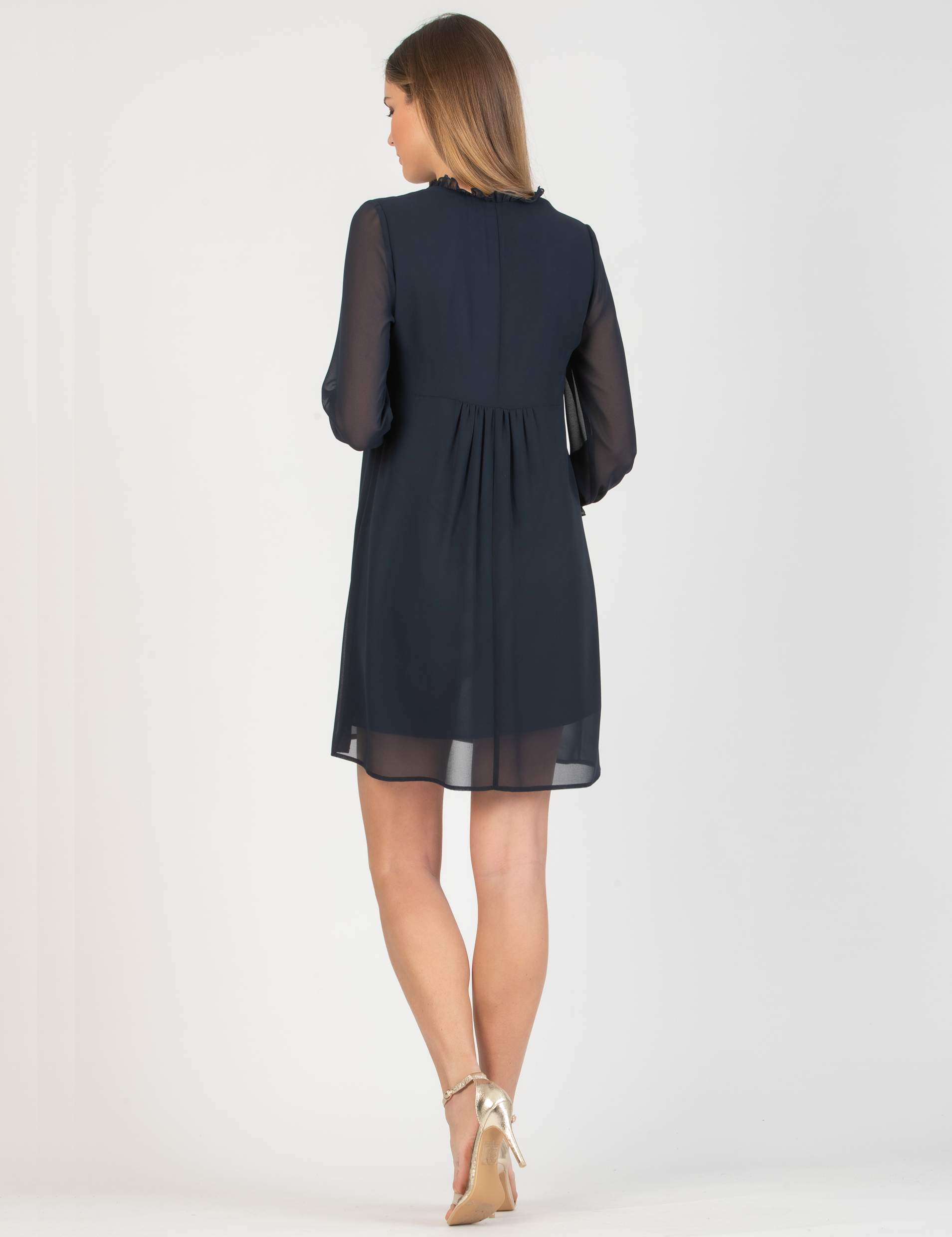 DIANA - Chiffon Maternity & Nursing Dress with Ruffle Trims on the Neck (Dark Blue, XS)