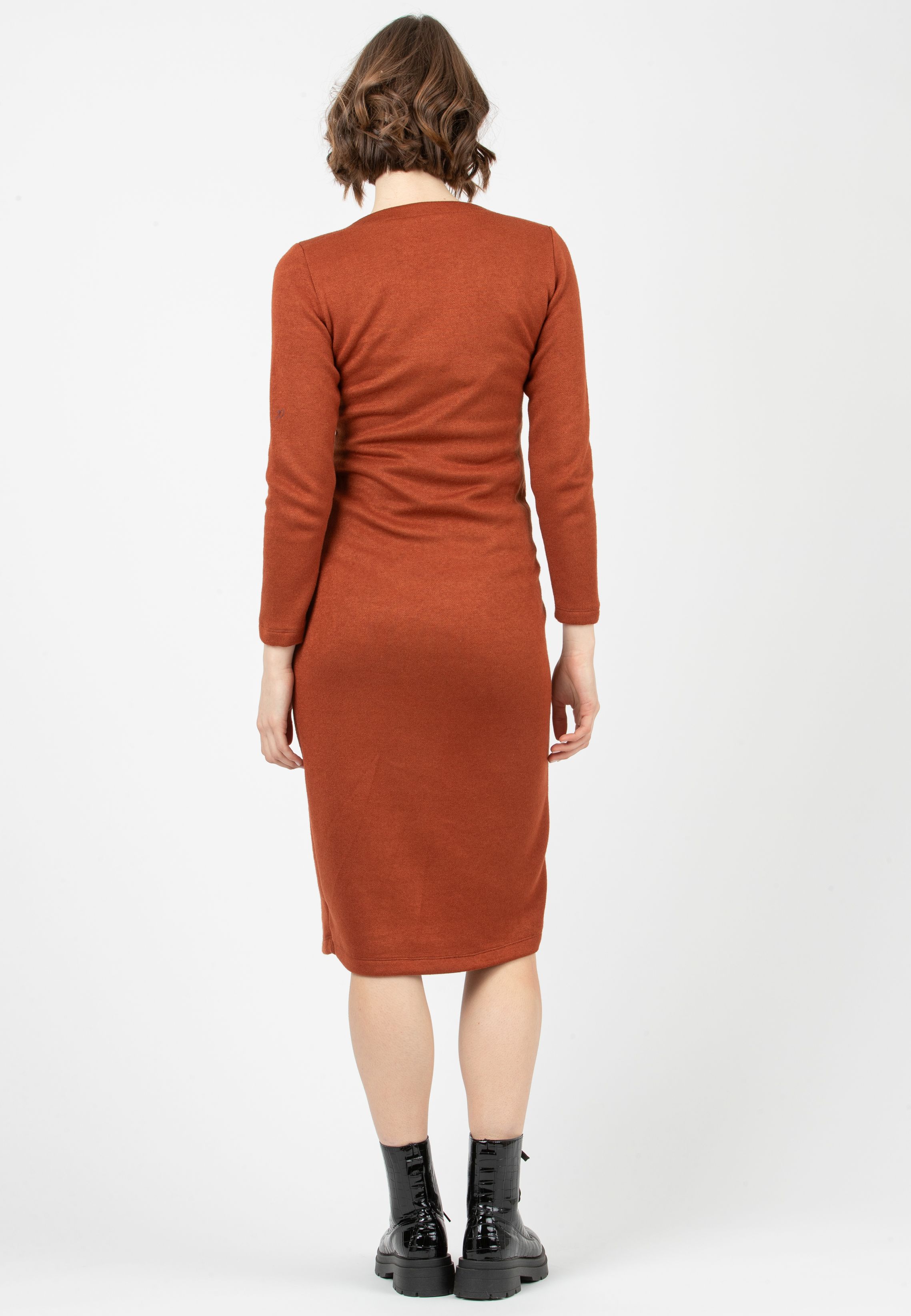 AMELIA - Maternity Midi Knit Dress with Waistband (Brick Red, XS)