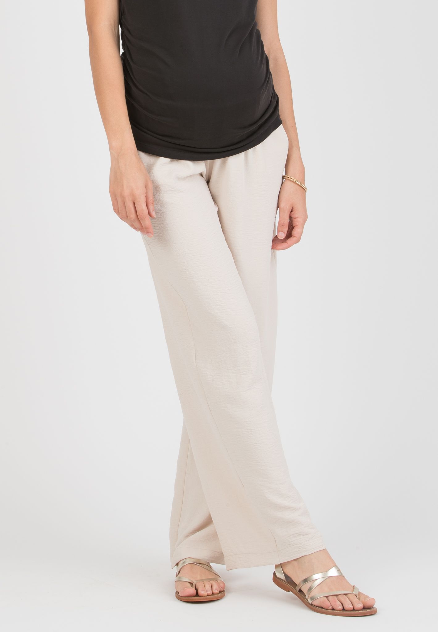 INES - Pantalone Premaman Fluido con Vita Bassa (Sabbia, XS)