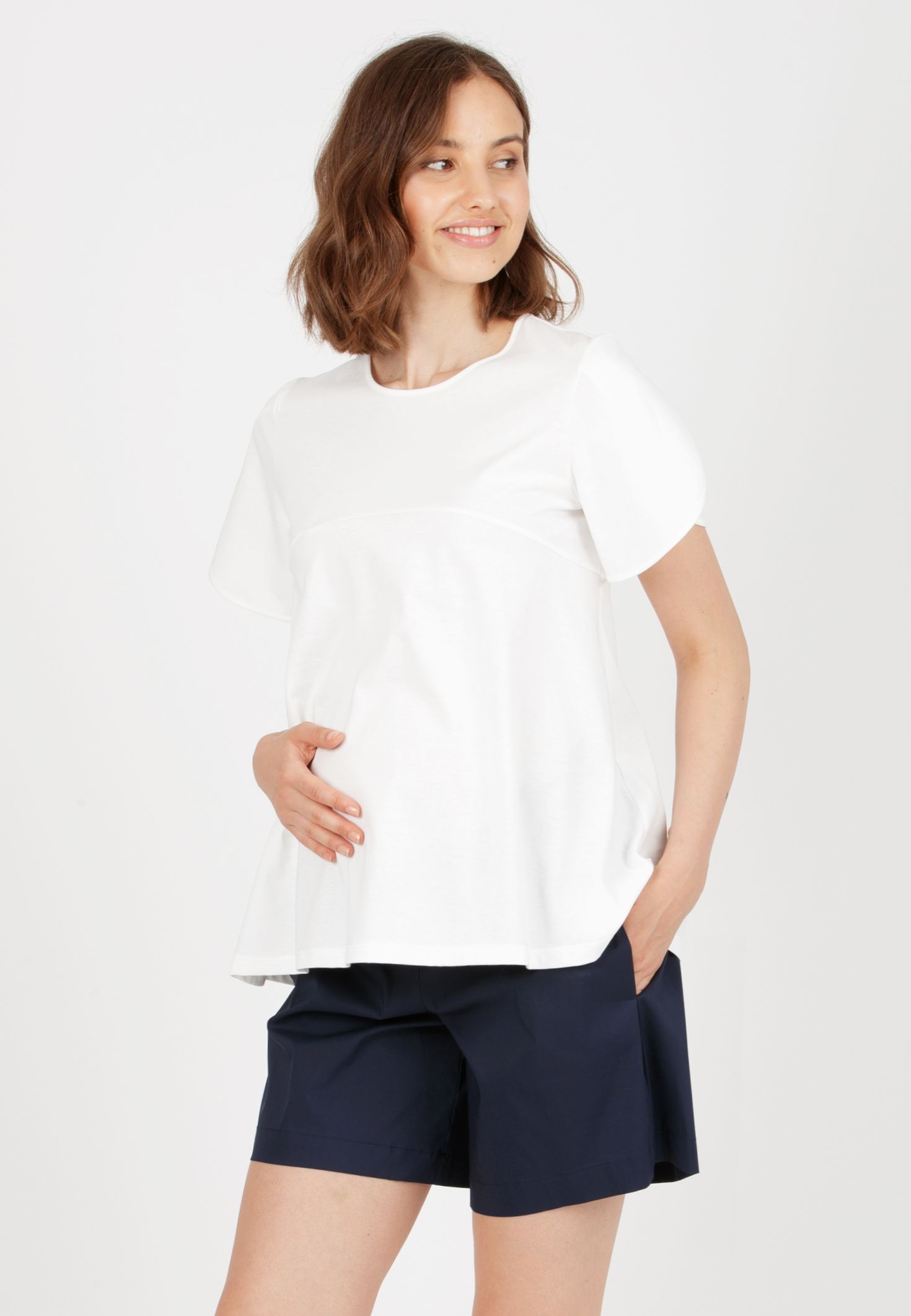 AGNESE - Maternity Cotton T-Shirt with Petal Sleeves (White, XS)