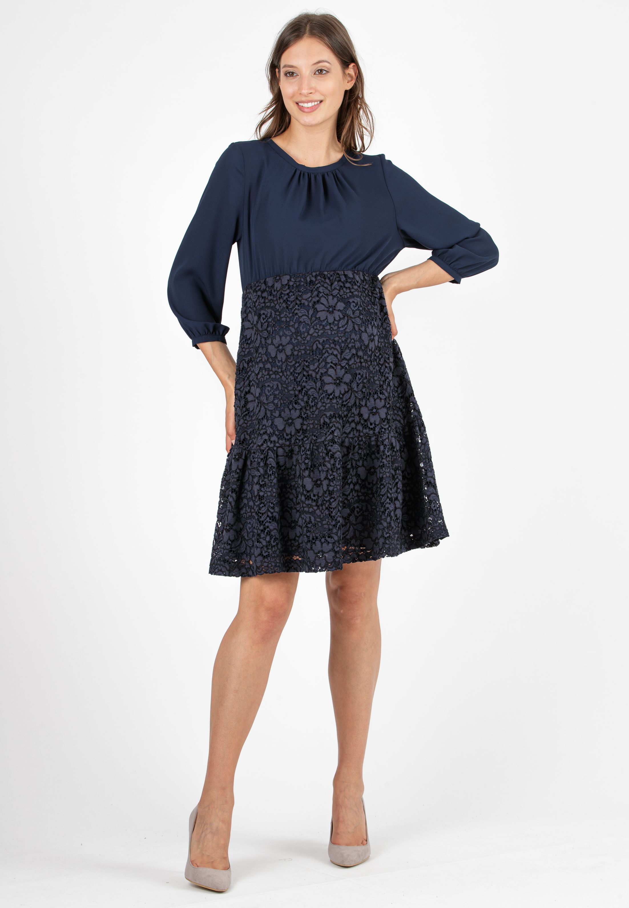 Abito Premaman Svasato in Chiffon e Pizzo con Balza (Blu Scuro, XS)
