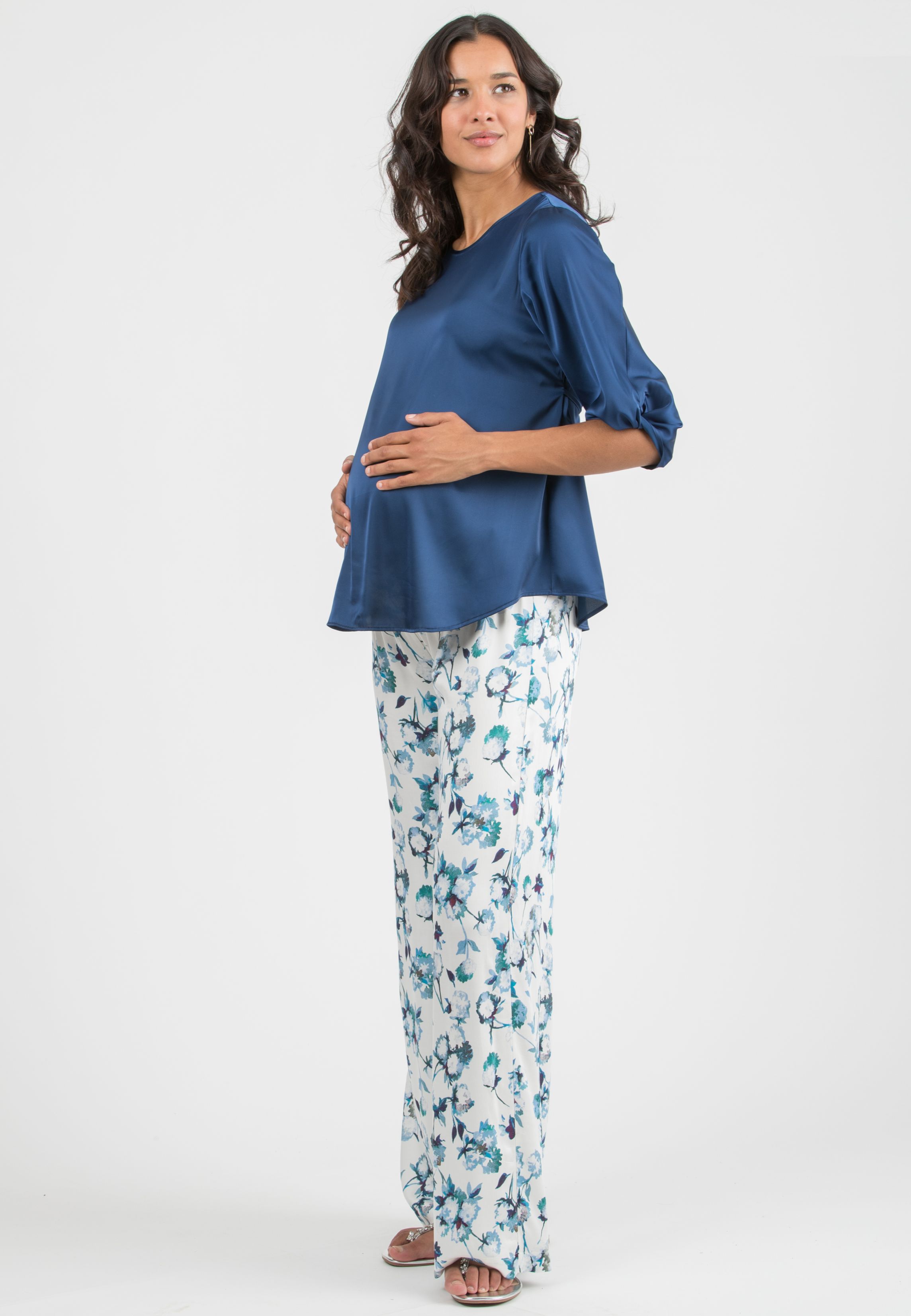 SYDNEY - Maternity Satin Blouse with Knot on Sleeve Bottom (Blu Cobalto)