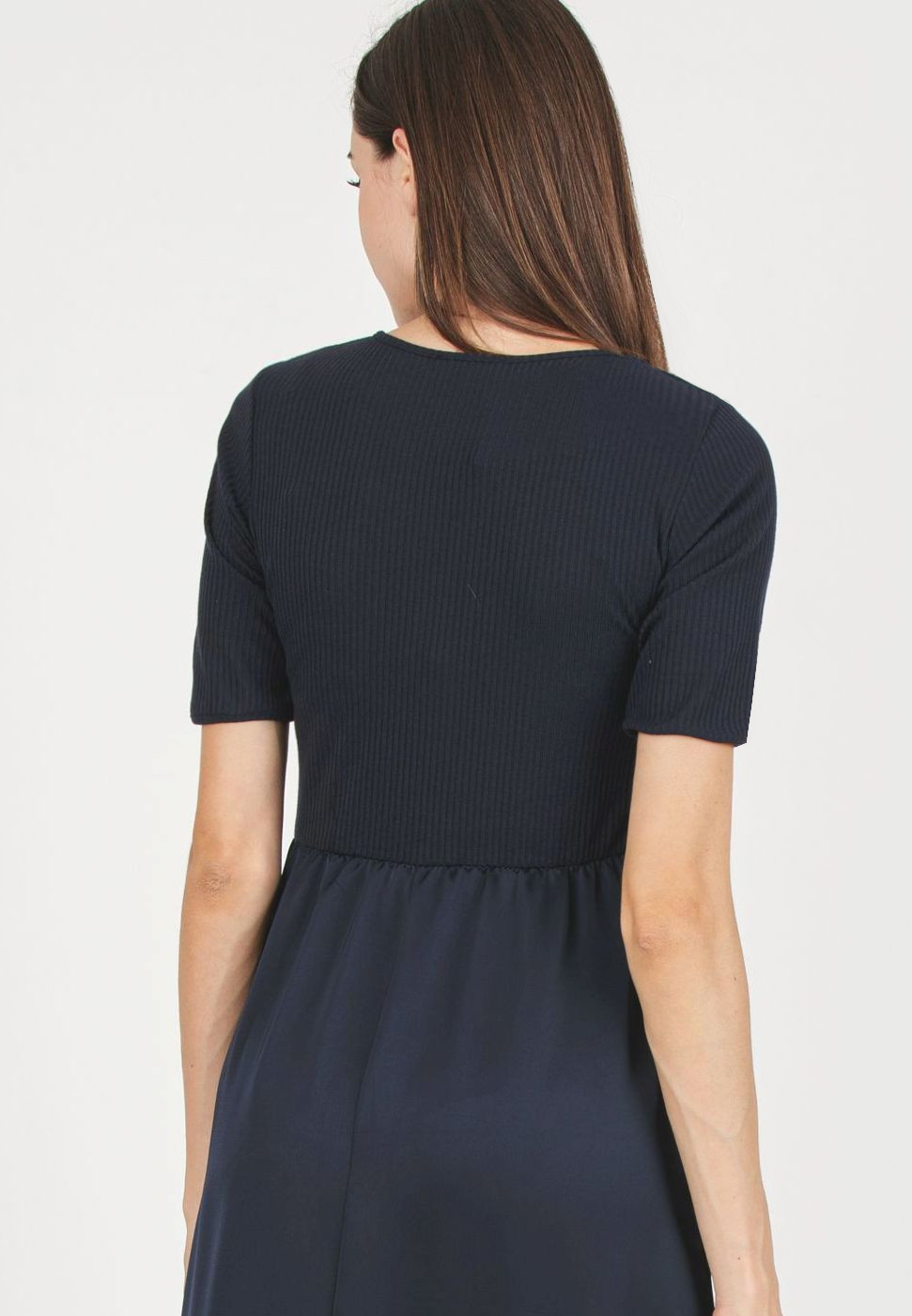 NASTIA - Abito Premaman in Costina con Gonna in Raso (Blu Scuro, XS)