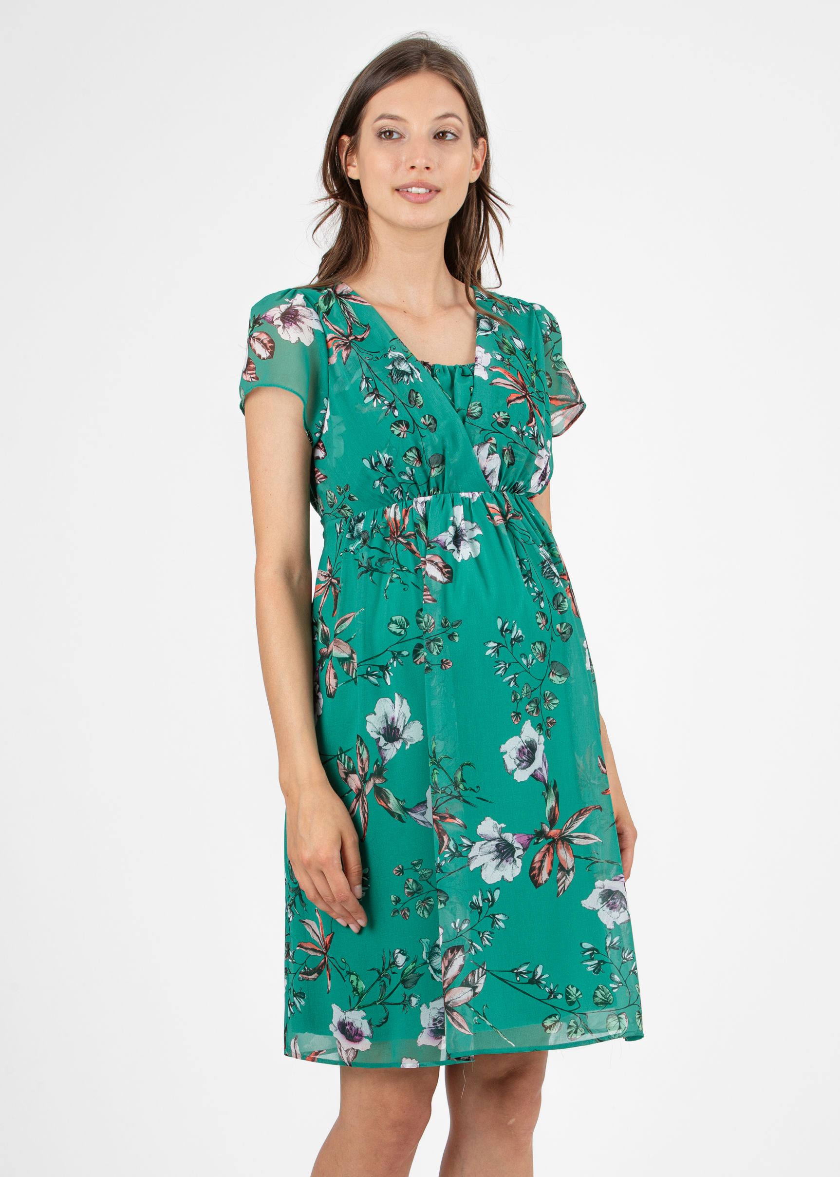 Abito Premaman & Allattamento in Georgette Floreale con Scollo Incrociato (Verde, XS)