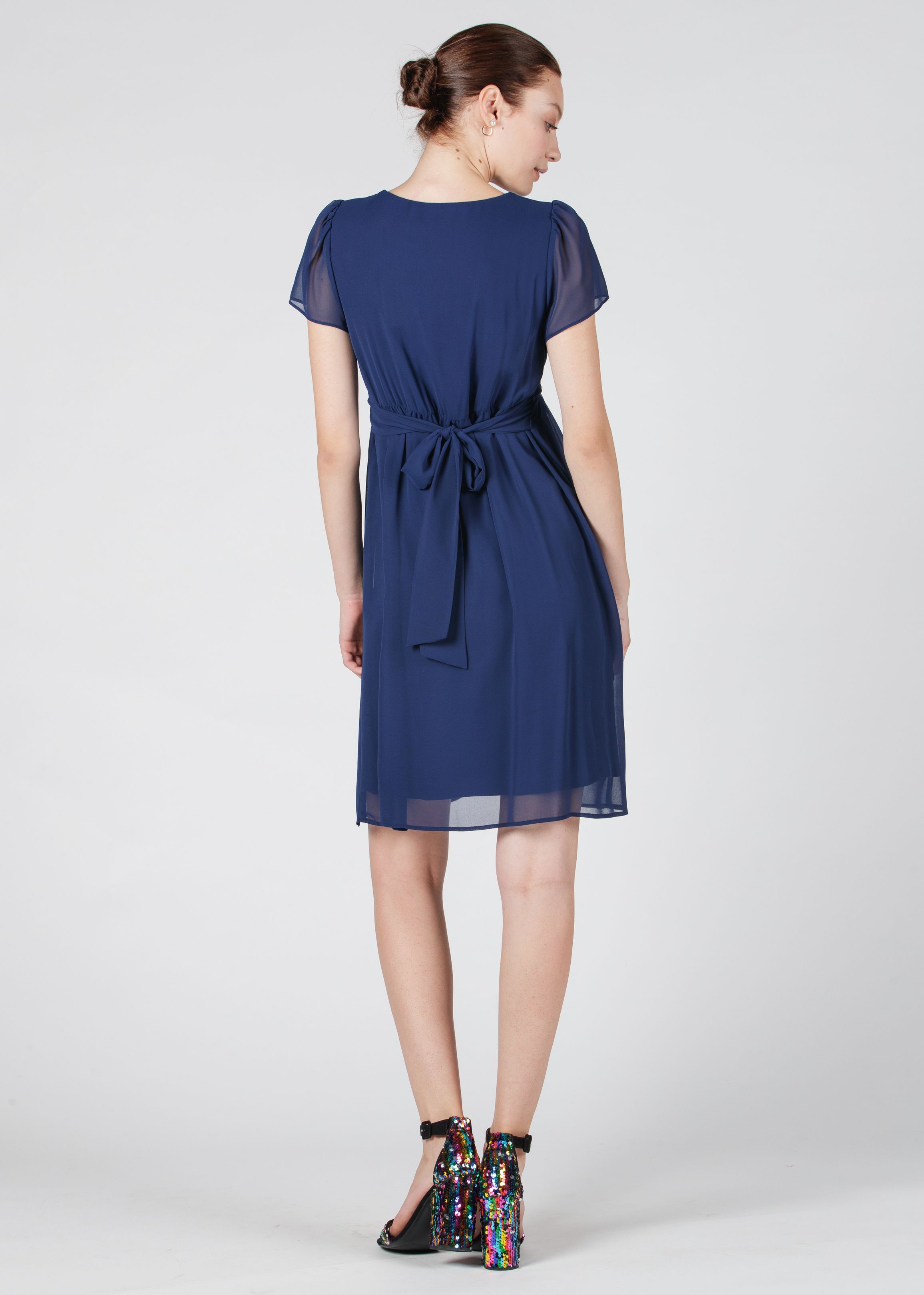Maternity & Nursing Dress in Georgette with Crossover Neckline (Blue, XS)