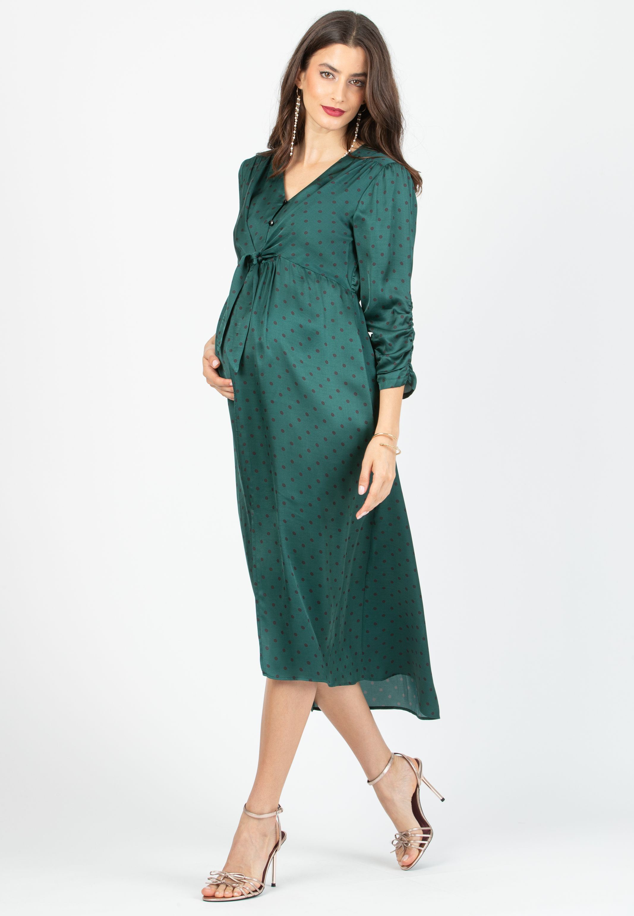 BELEN M/L - Abito Premaman & Allattamento in Viscosa a Pois con Corpino Annodato e Maniche 3/4 (Verde, XS)