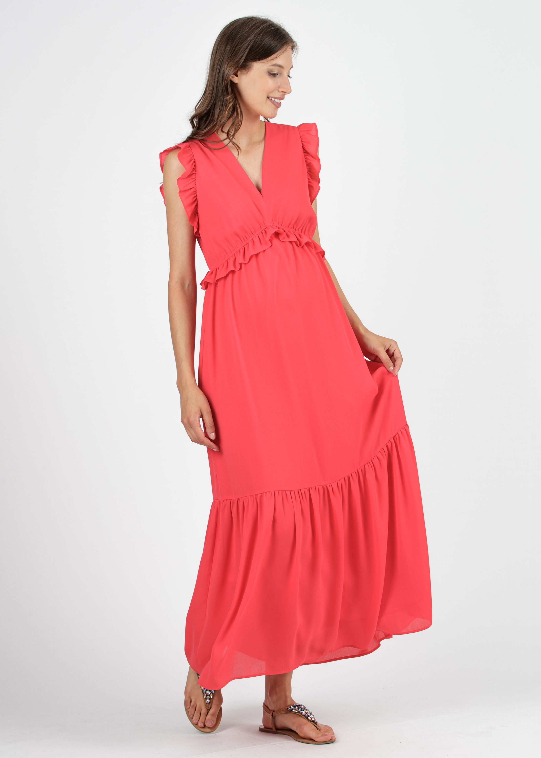 Abito Lungo Premaman in Chiffon con Volant e Balze (Corallo, XS)
