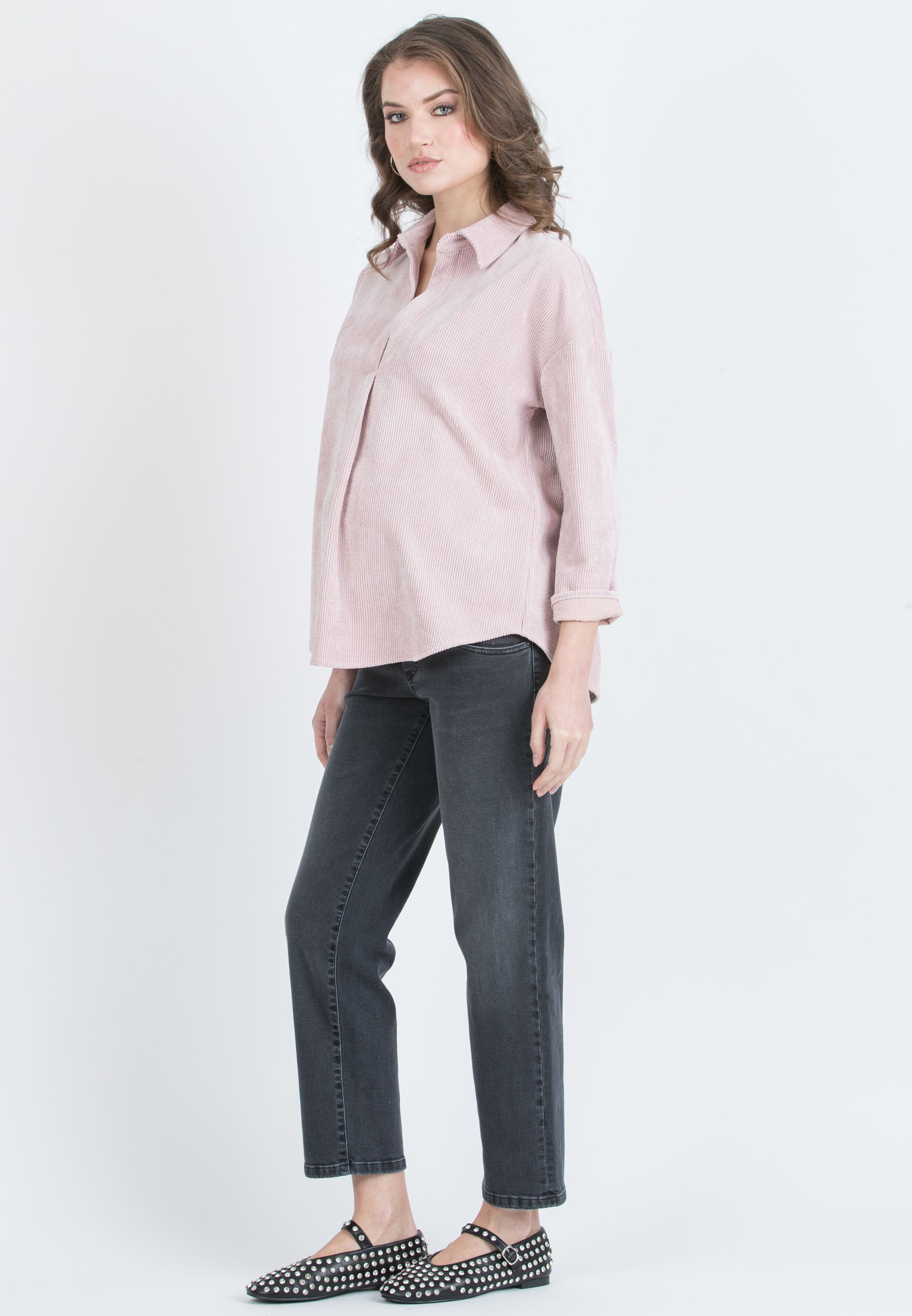OLIVIA V - Camicia Over Premaman in Velluto a Coste Larghe (Rosa)