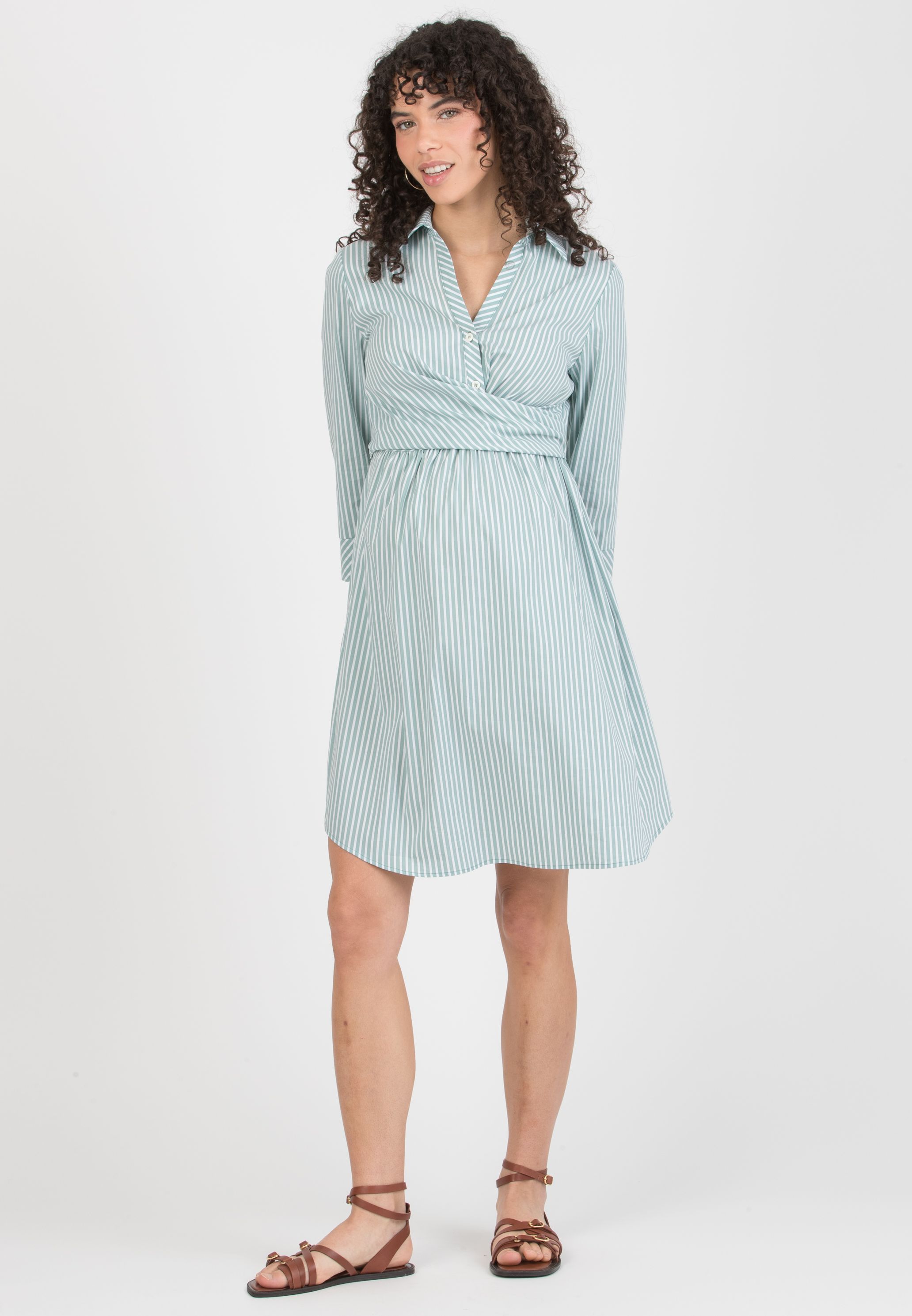 EMANUELA - Maternity & Nursing Striped Cotton Dress with Waistband (Verde Salvia)