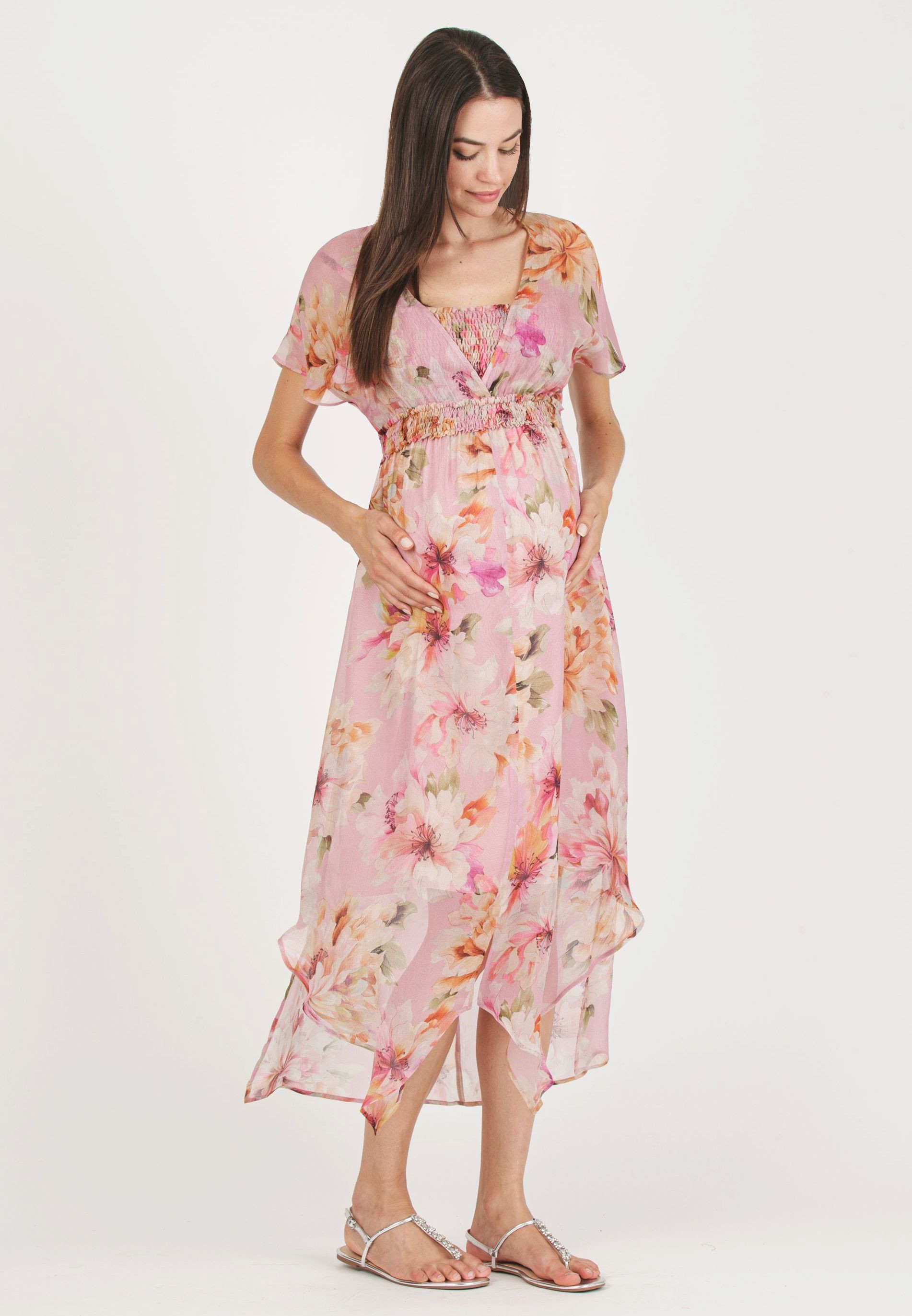 HOLLY - Maternity & Nursing Dress with Crossed Neckline and Asymmetric Hem (Pink, XS)